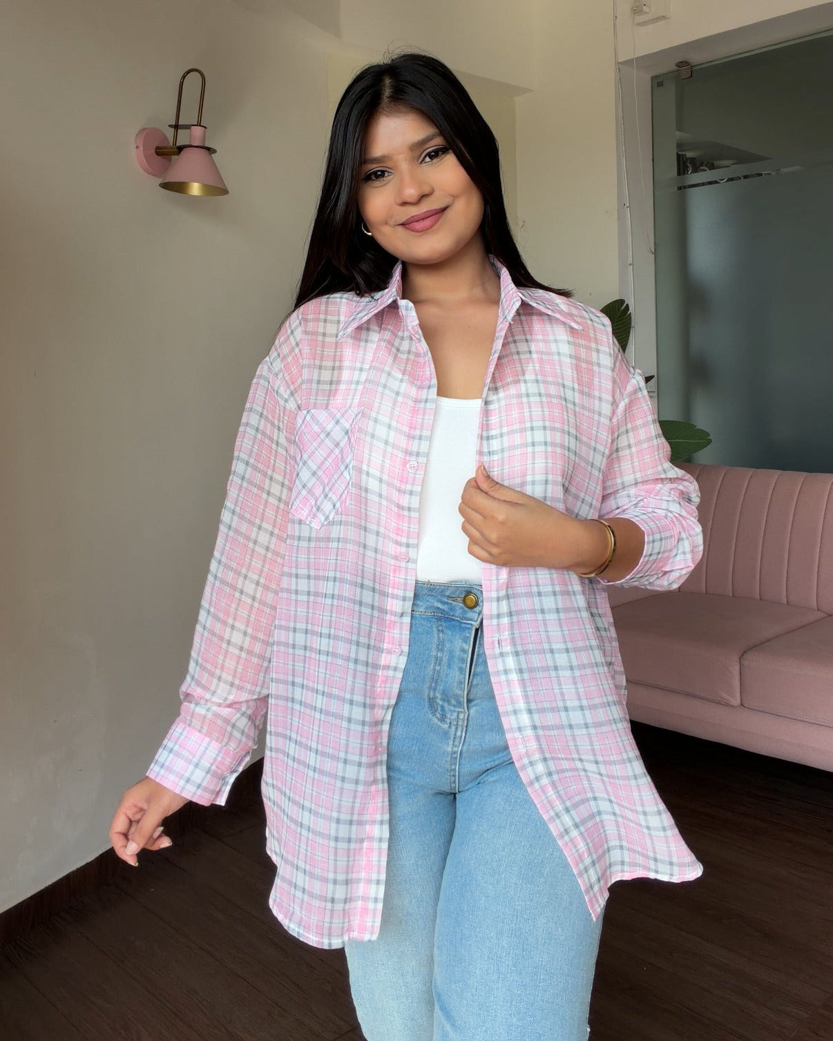 Sheer Checker Shirt With Cami Top