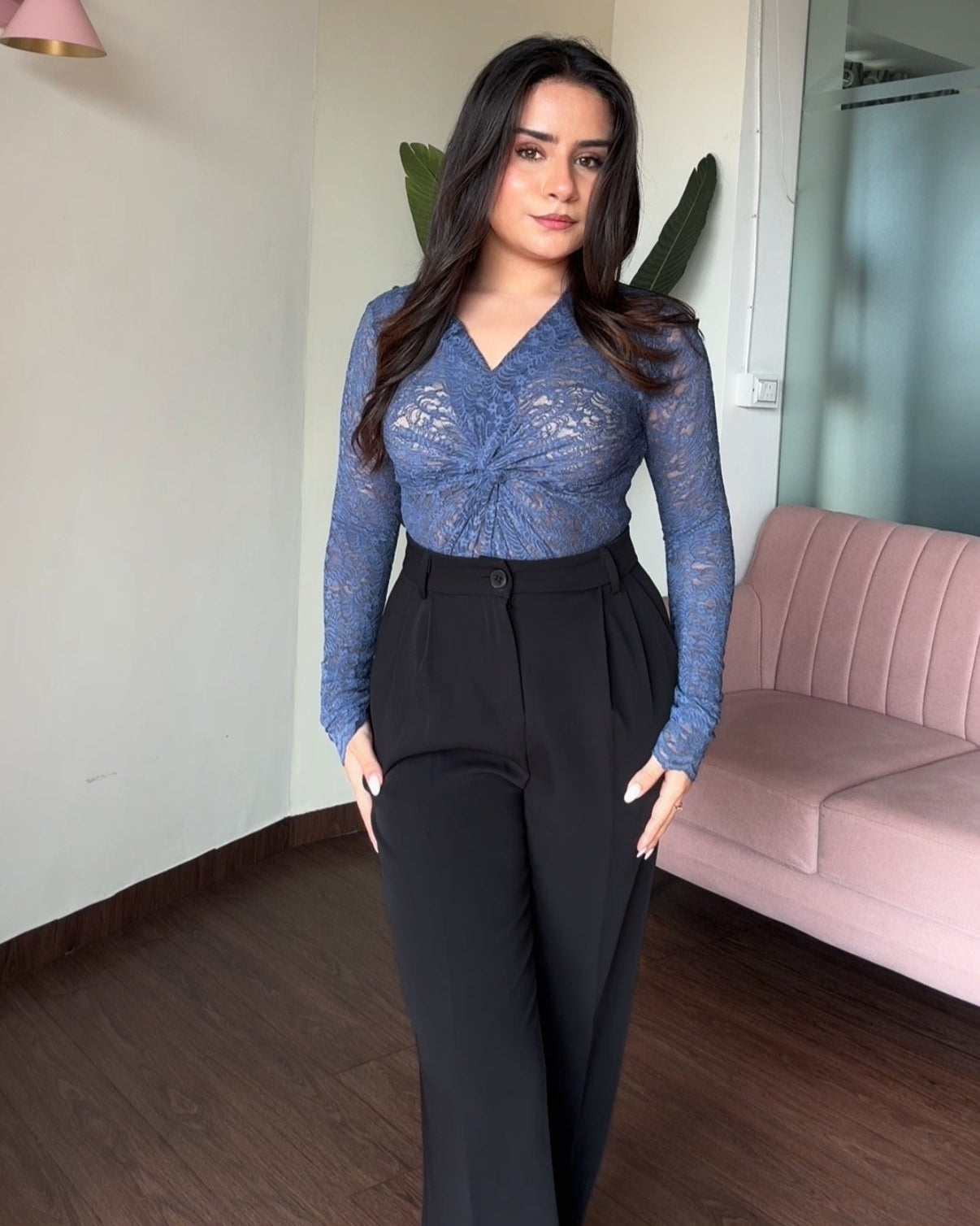 Sheer Lacy Knot Detailing Bodycon Top