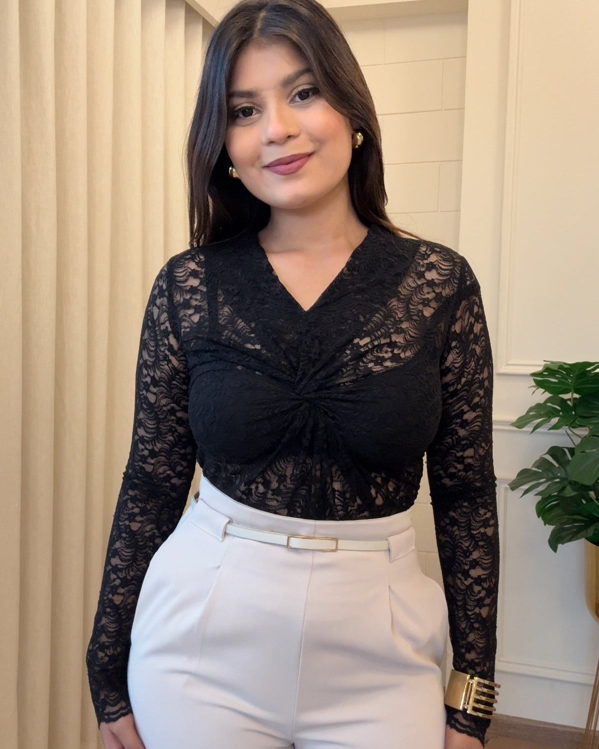 Sheer Lacy Knot Detailing Bodycon Top