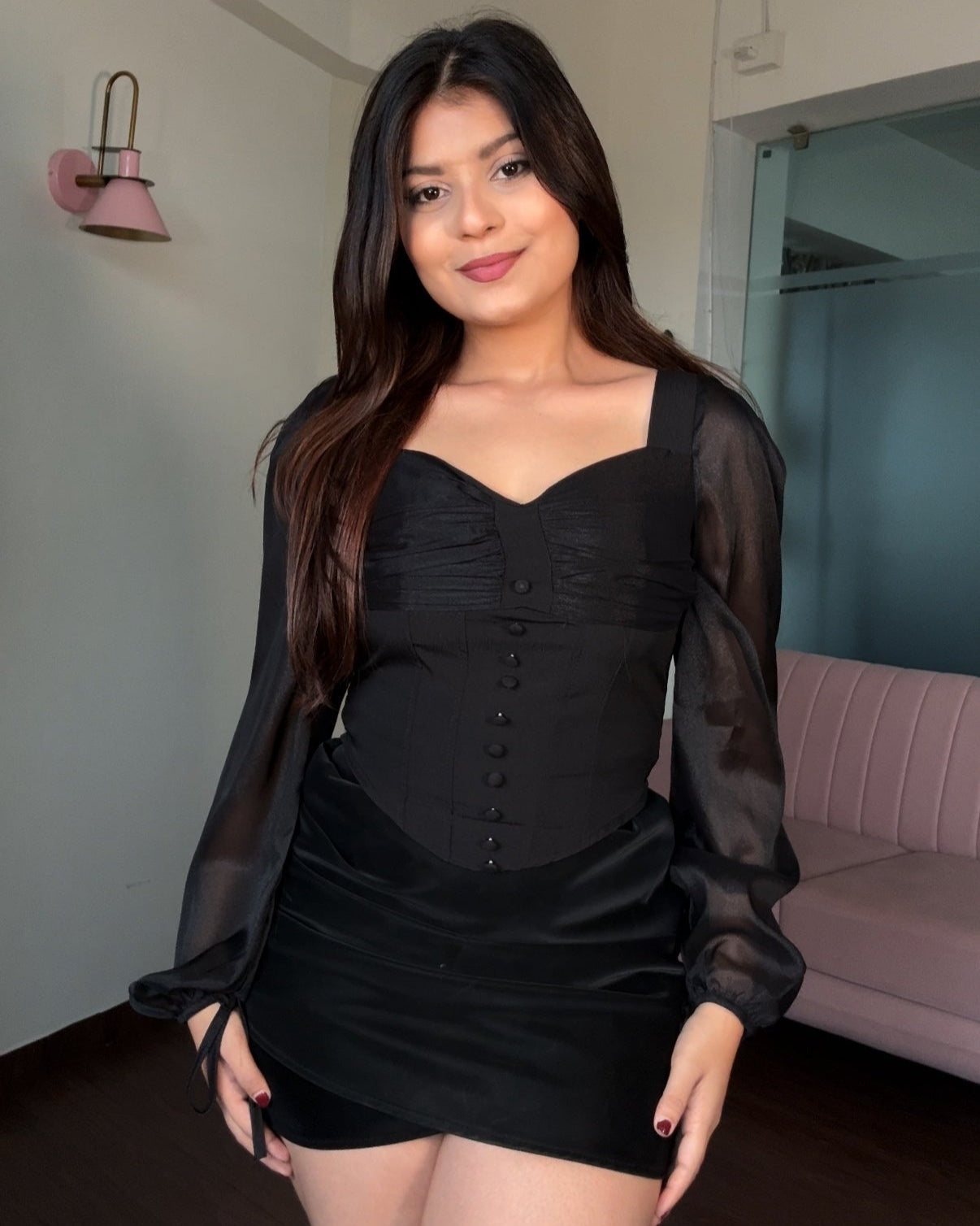 Sheer Sleeves Sweetheart Neckline Corset Style Top
