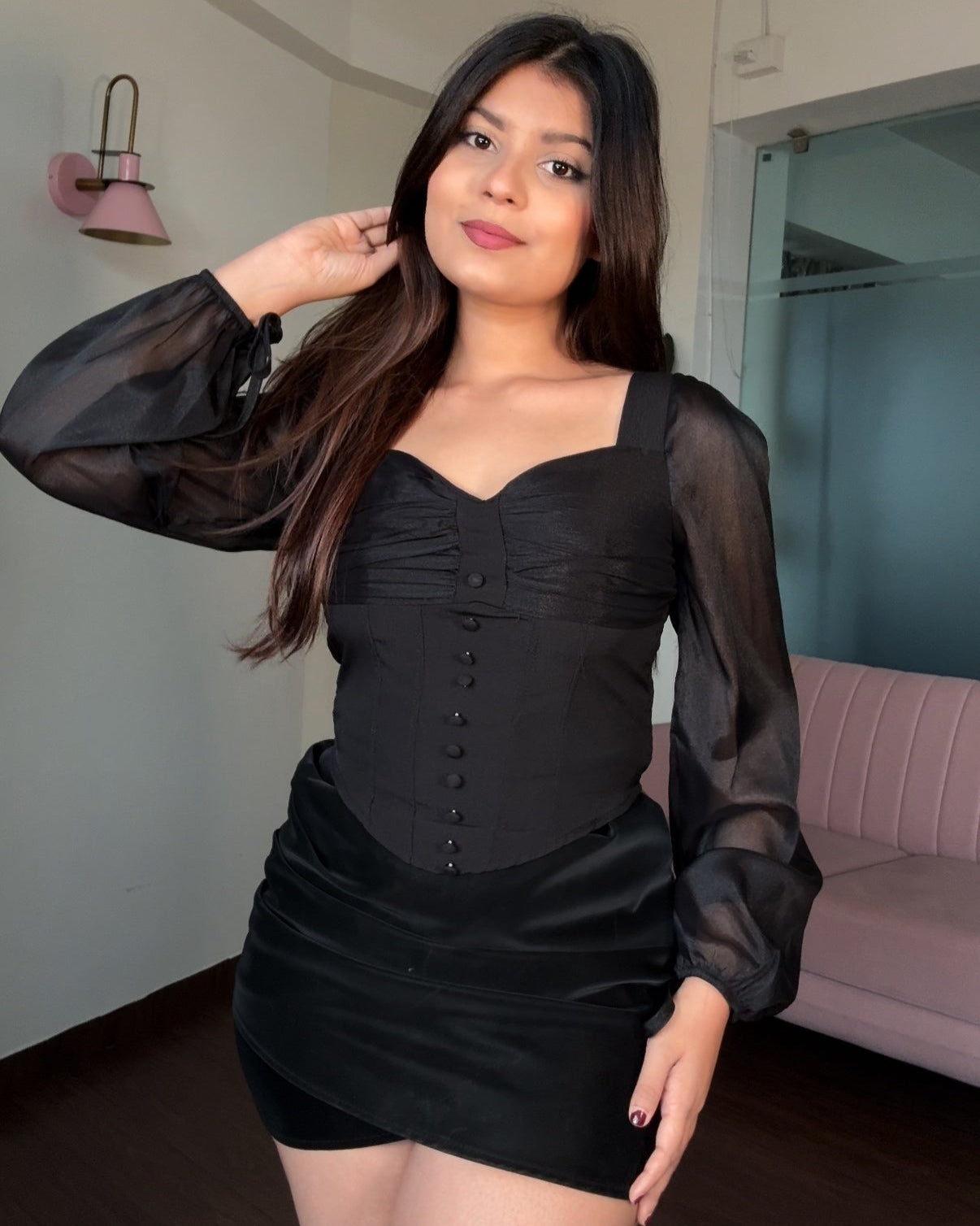 Sheer Sleeves Sweetheart Neckline Corset Style Top