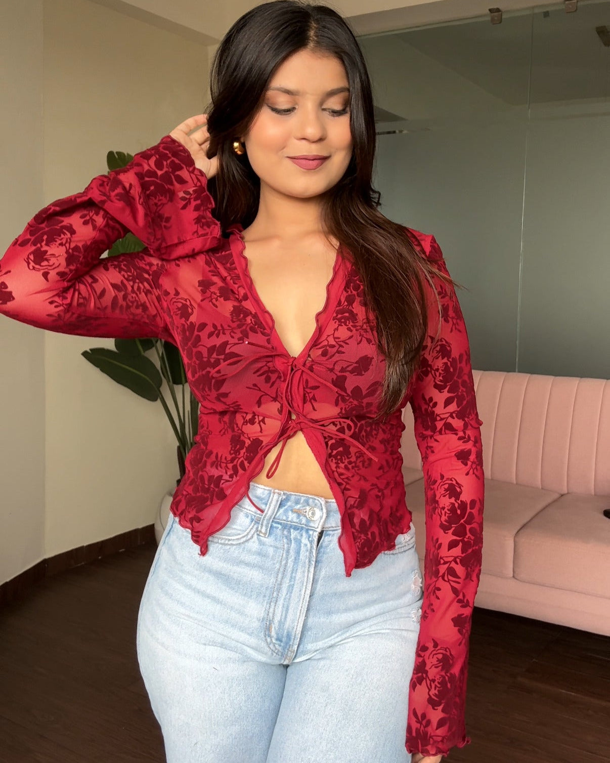 Sheer Velvet Embroidery Tie Up Bell Sleeves Top