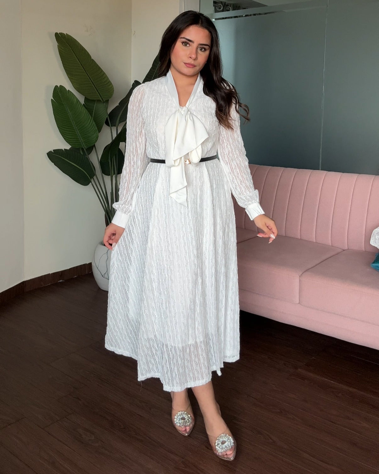 Shimmer Korean Collar Flared Midi Dress With Belt