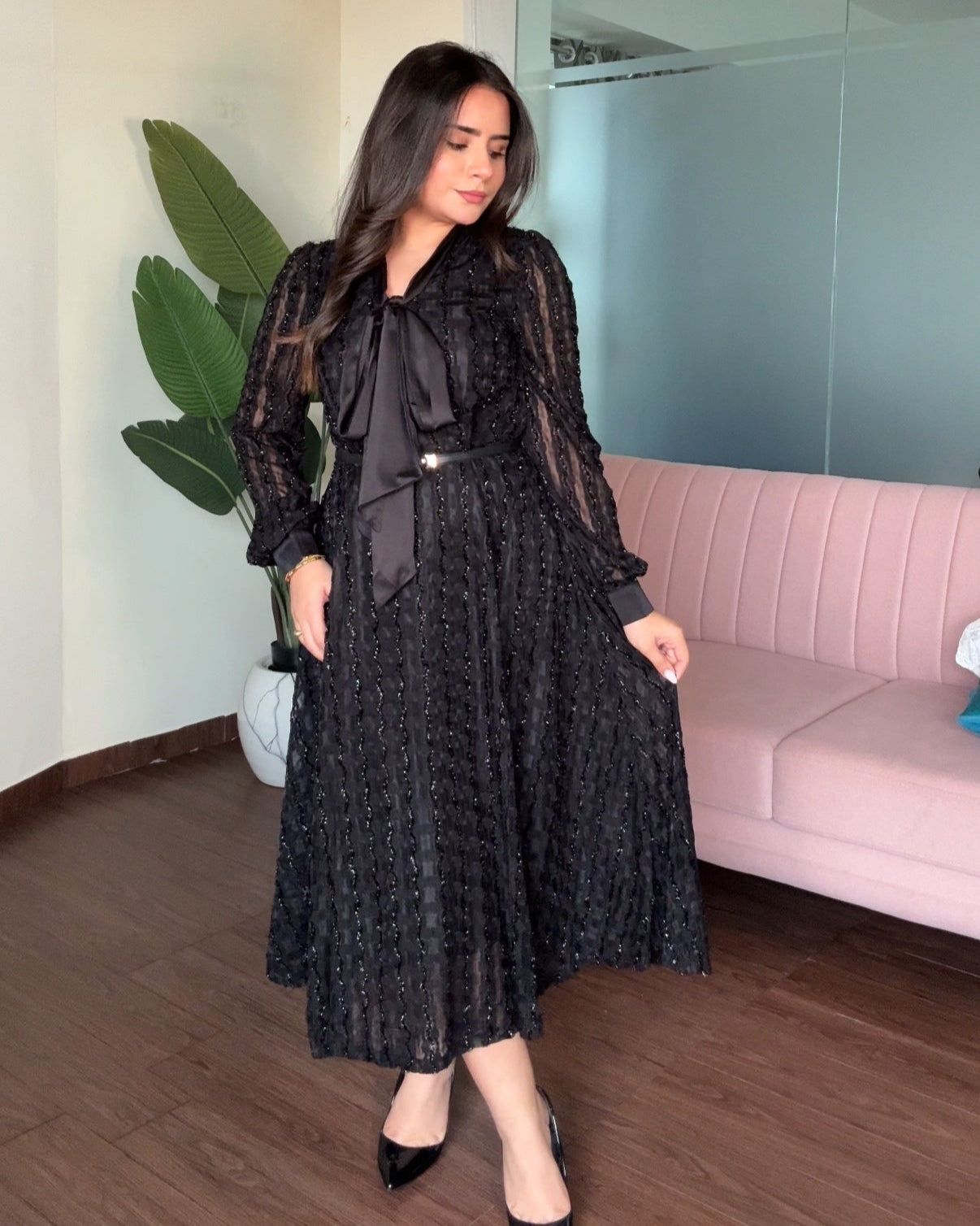 Shimmer Korean Collar Flared Midi Dress With Belt