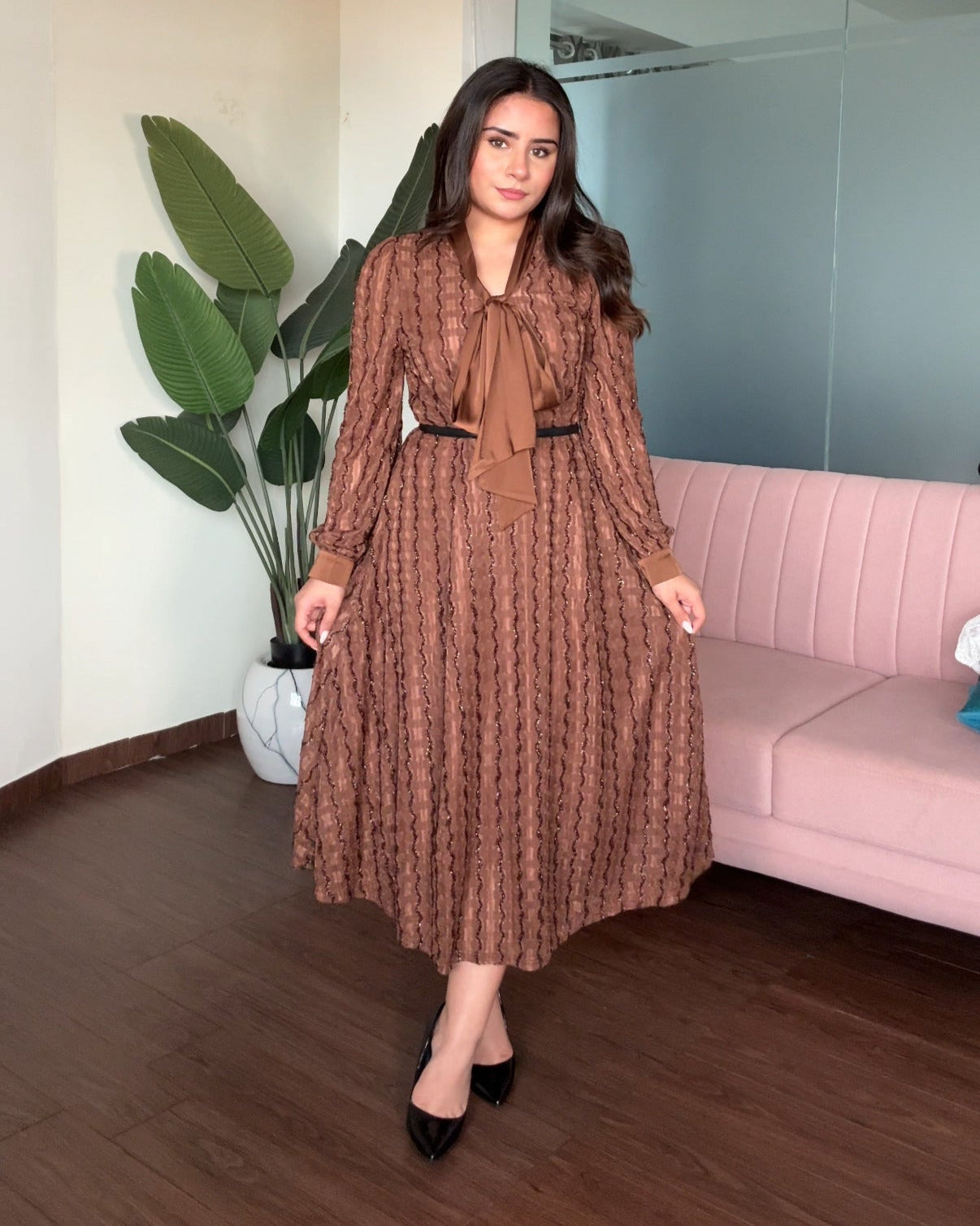 Shimmer Korean Collar Flared Midi Dress With Belt