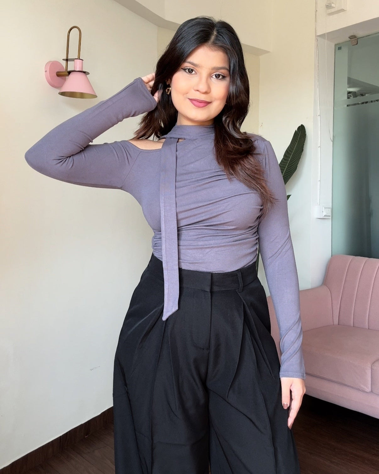 Shoulder Cut-Out Ruched Full Sleeve Top