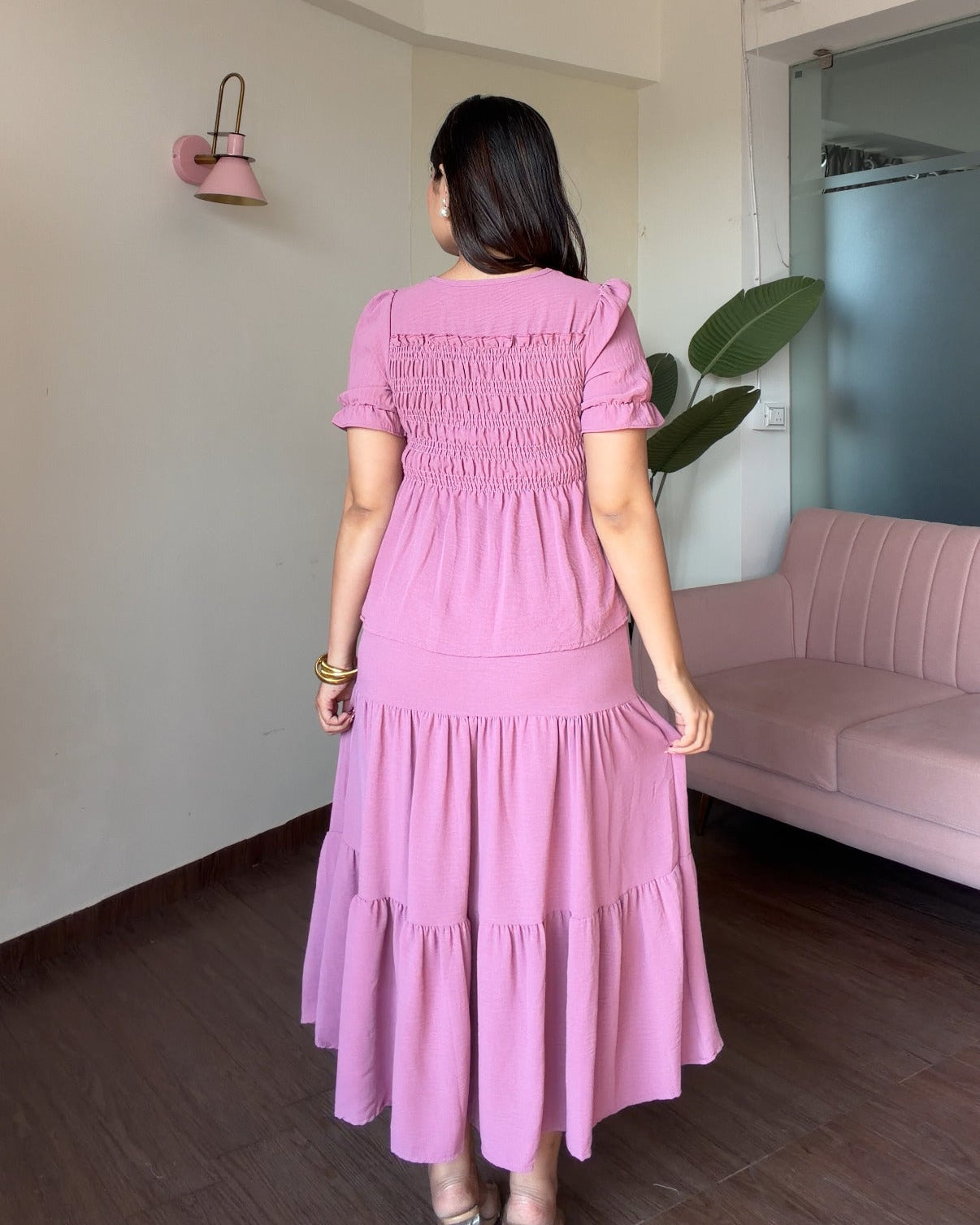 Smocked Peplum Top With Maxi Skirt Set