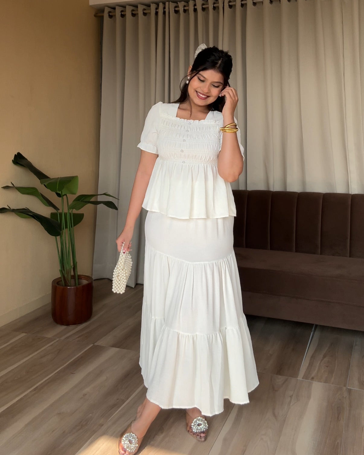 Smocked Peplum Top With Maxi Skirt Set