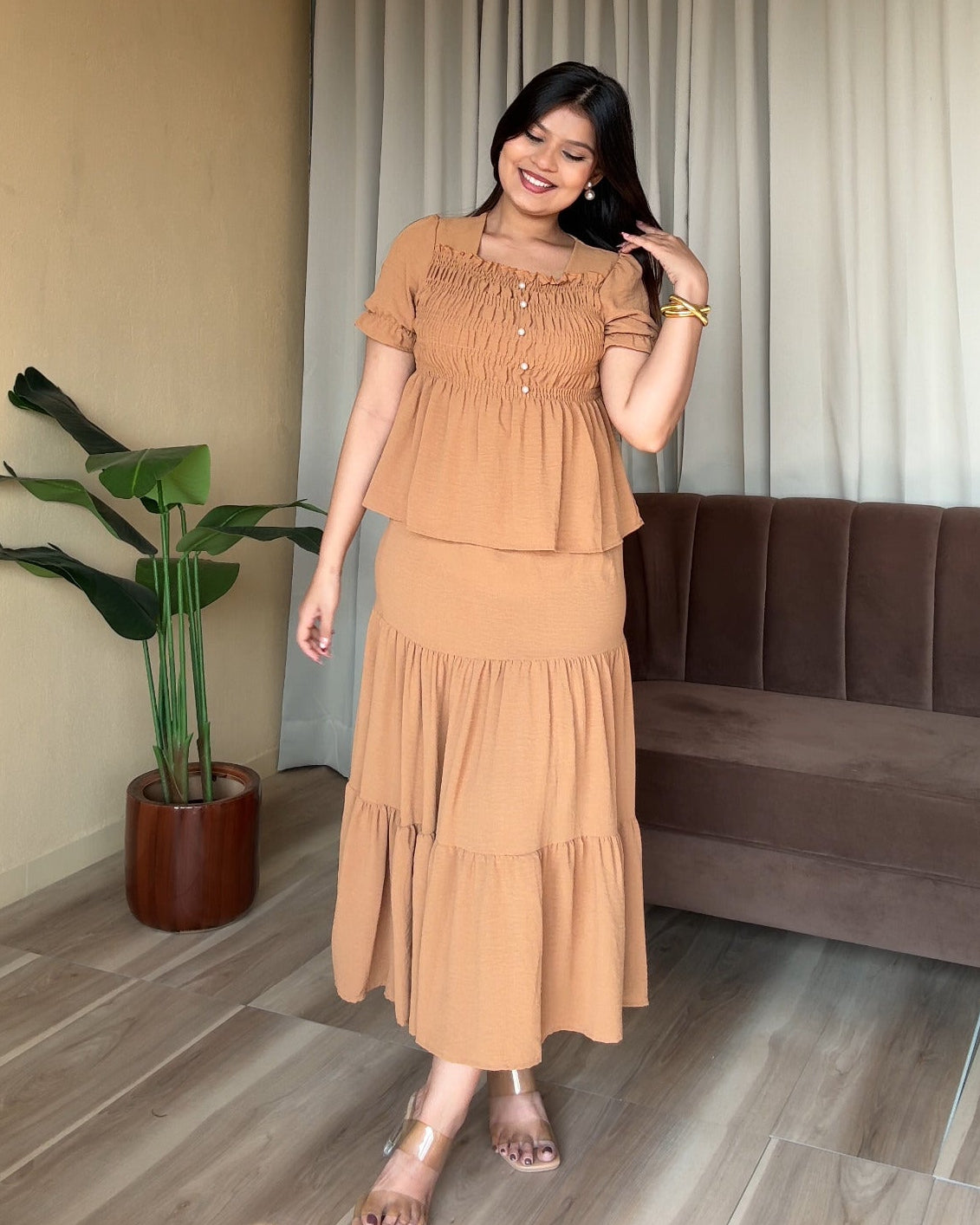 Smocked Peplum Top With Maxi Skirt Set