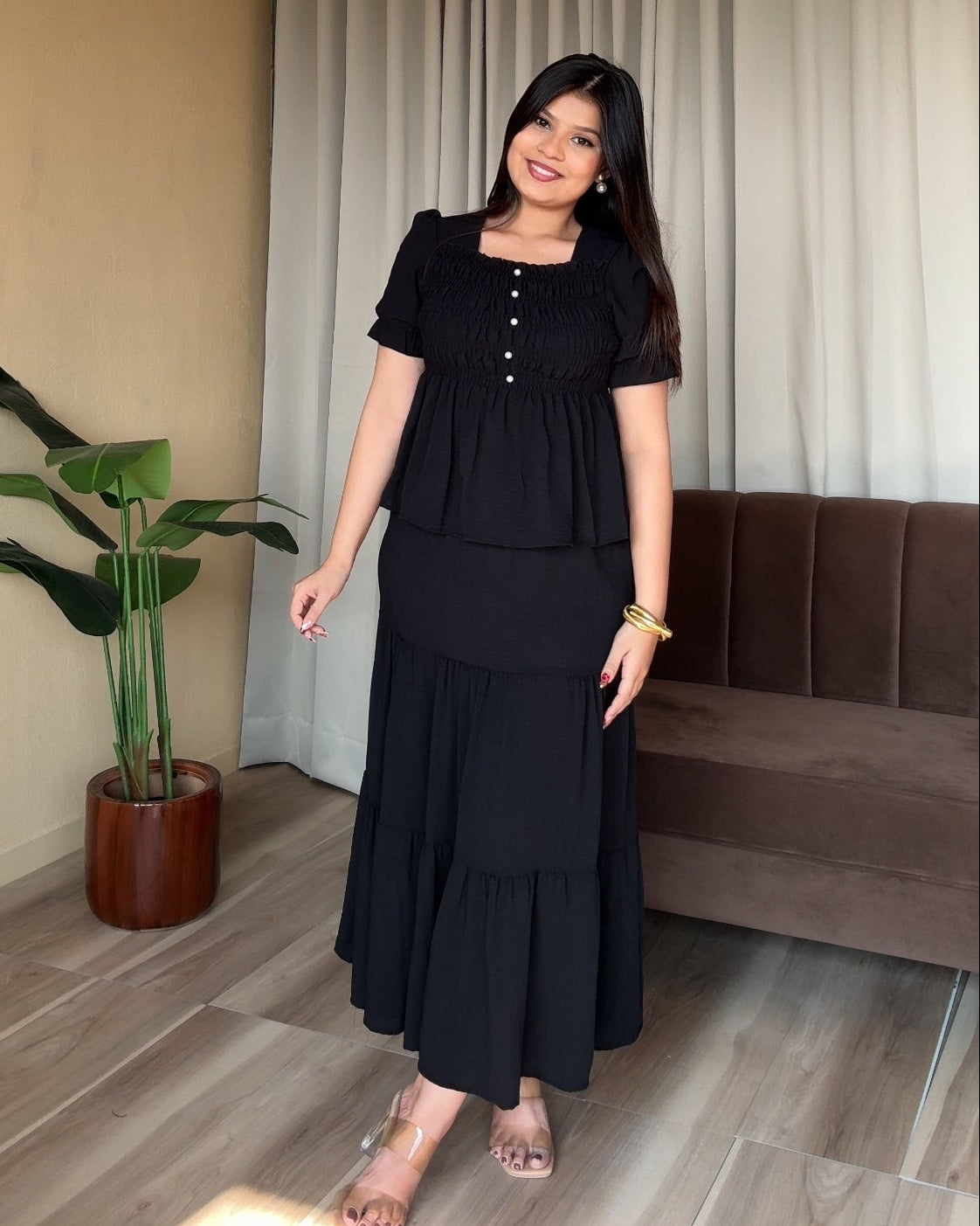 Smocked Peplum Top With Maxi Skirt Set