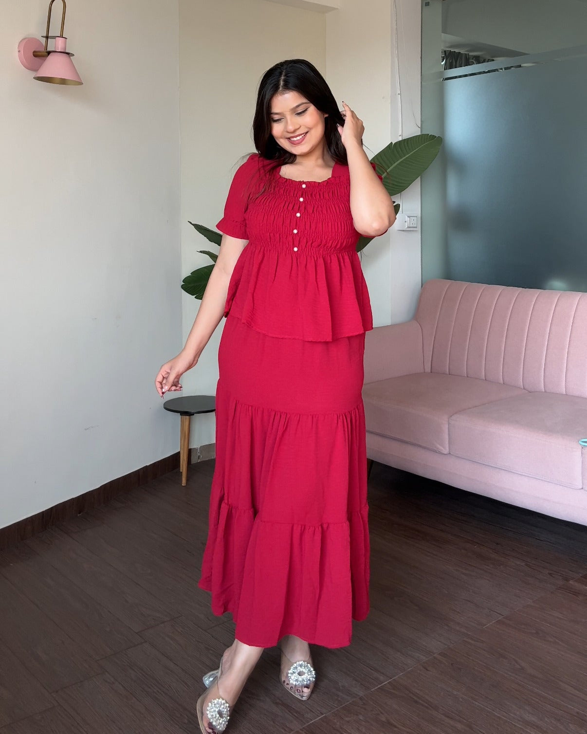 Smocked Peplum Top With Maxi Skirt Set