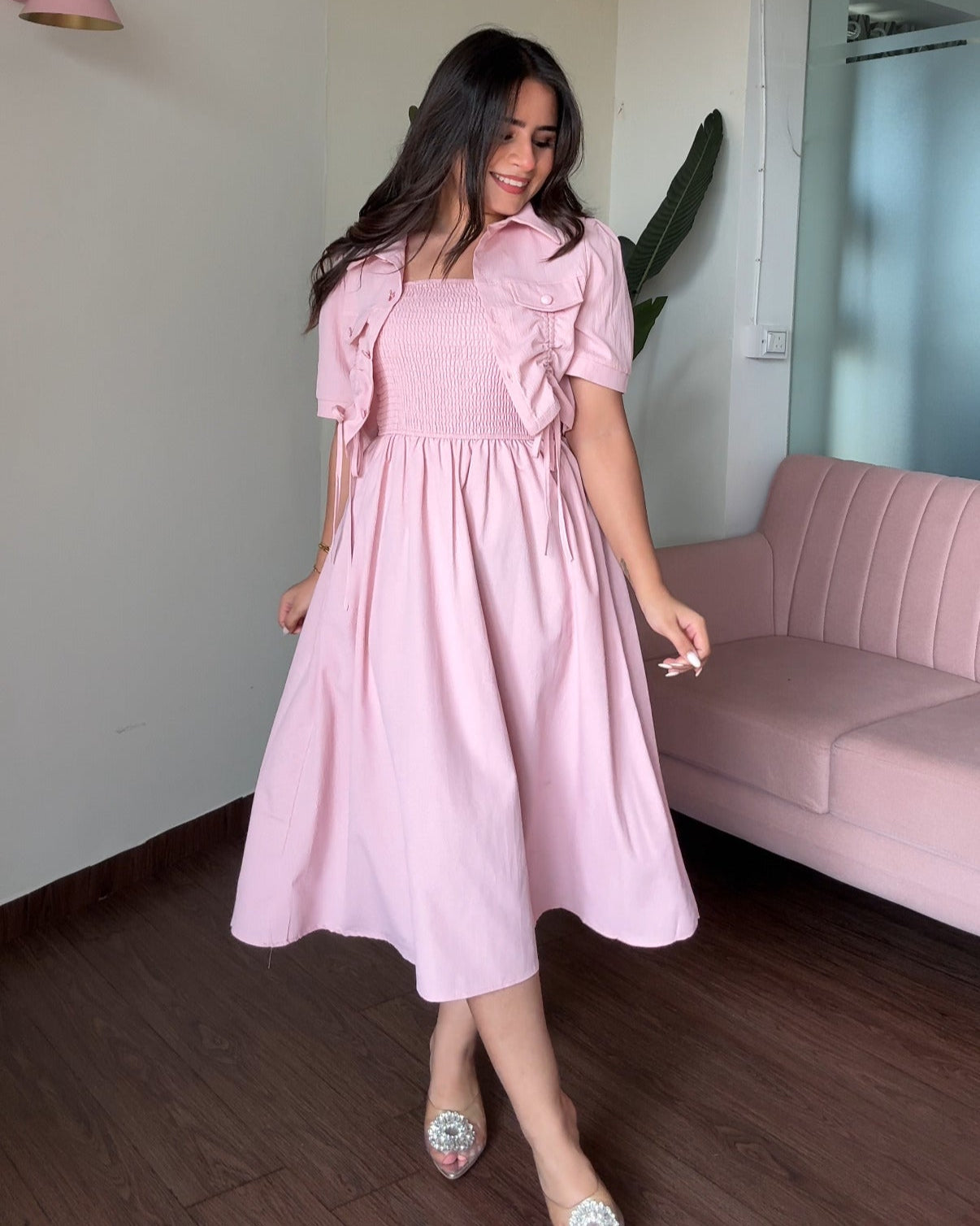 Smocked Solid Midi Dress With Shrug