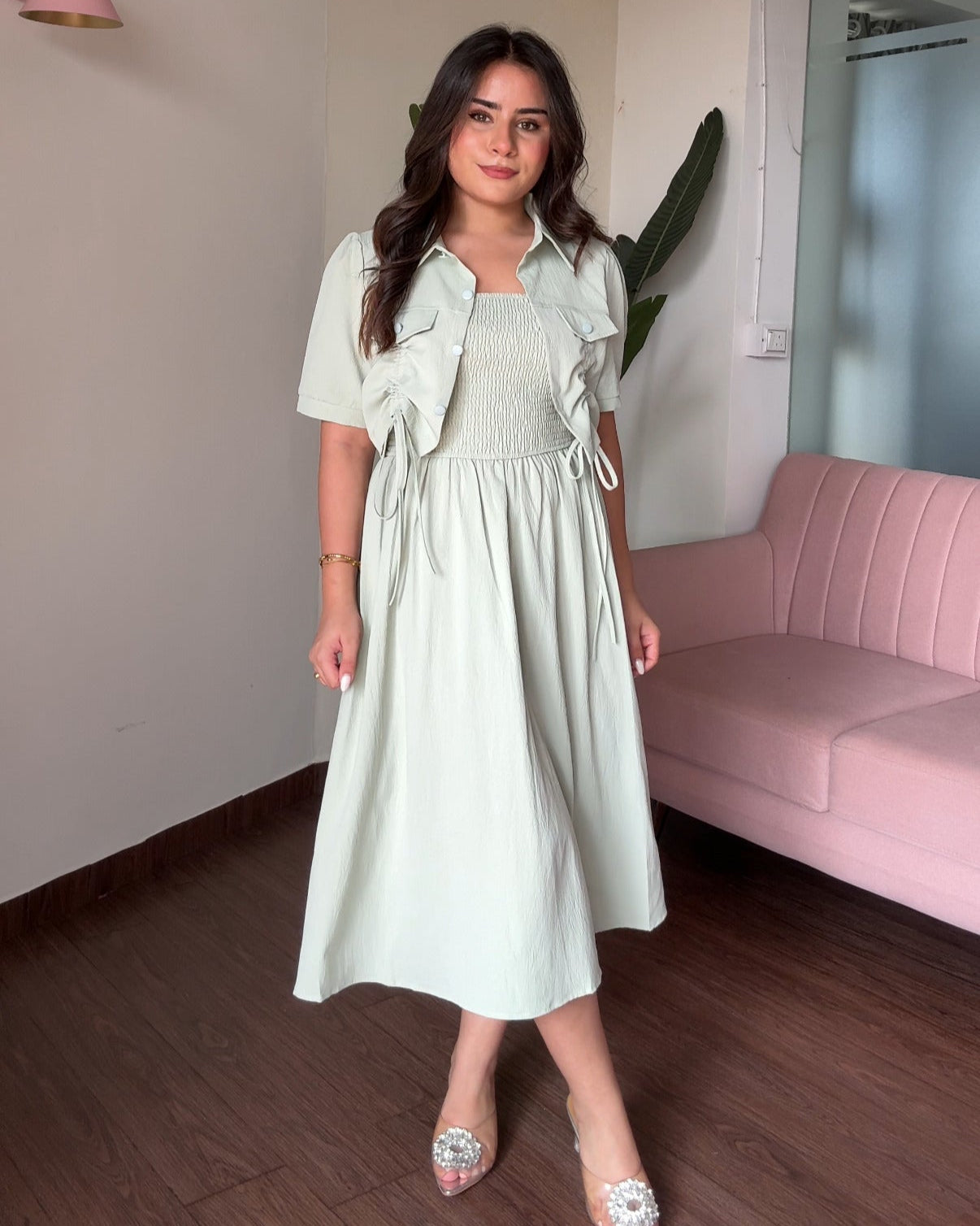 Smocked Solid Midi Dress With Shrug