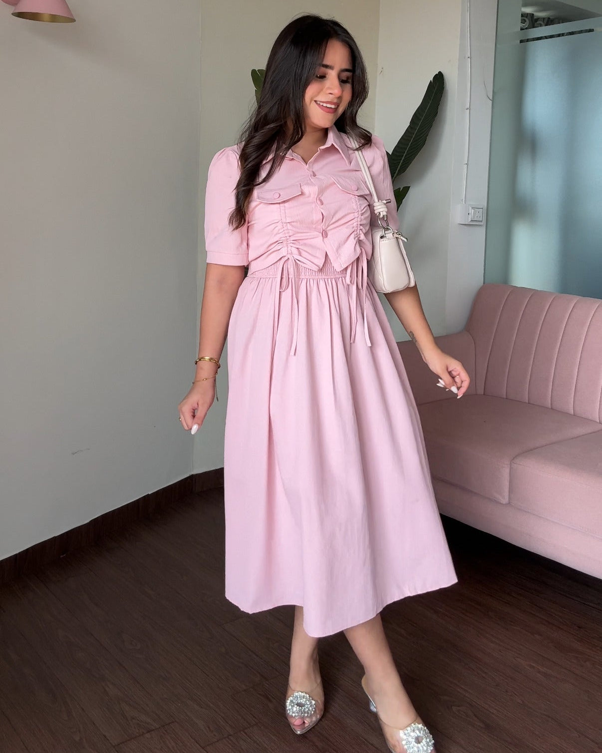 Smocked Solid Midi Dress With Shrug