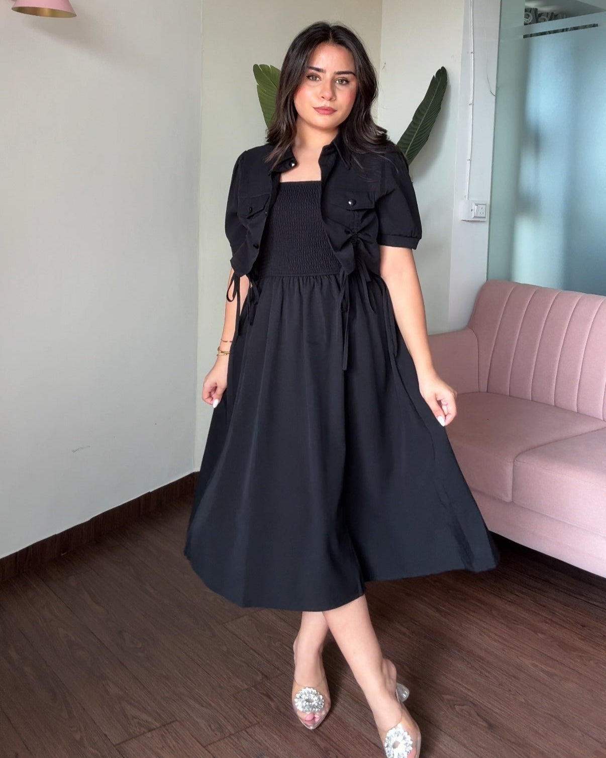Smocked Solid Midi Dress With Shrug