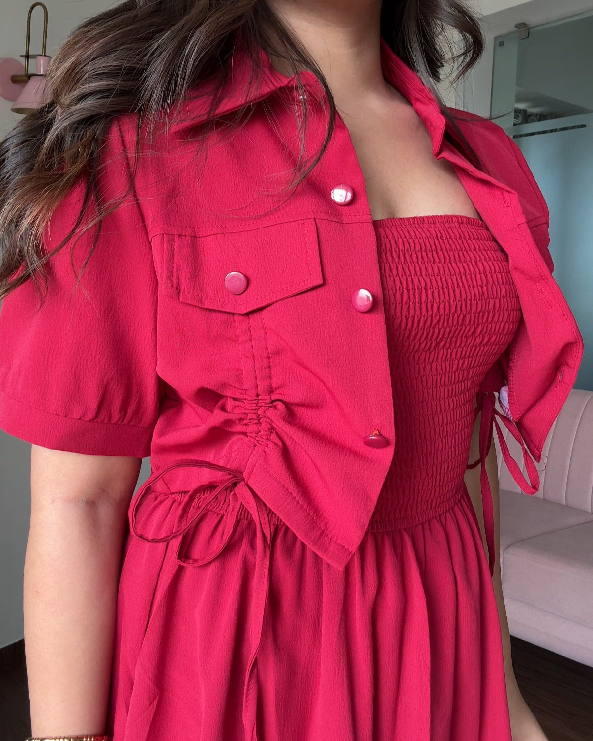 Smocked Solid Midi Dress With Shrug
