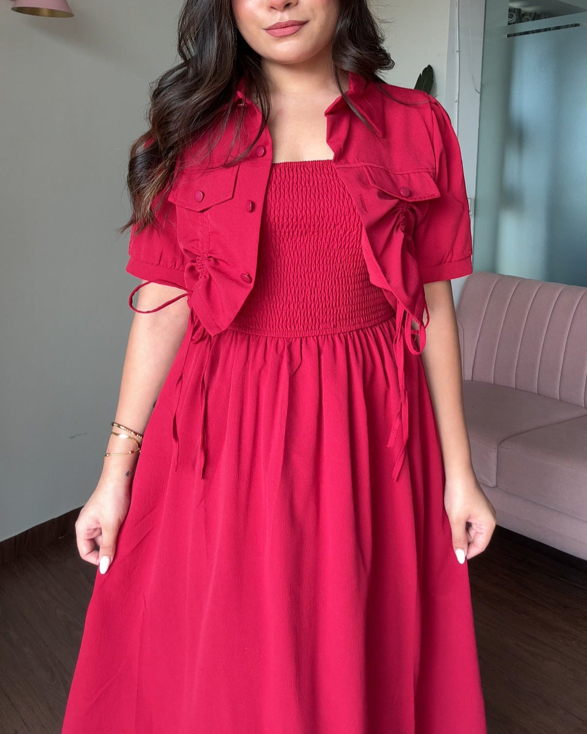 Smocked Solid Midi Dress With Shrug