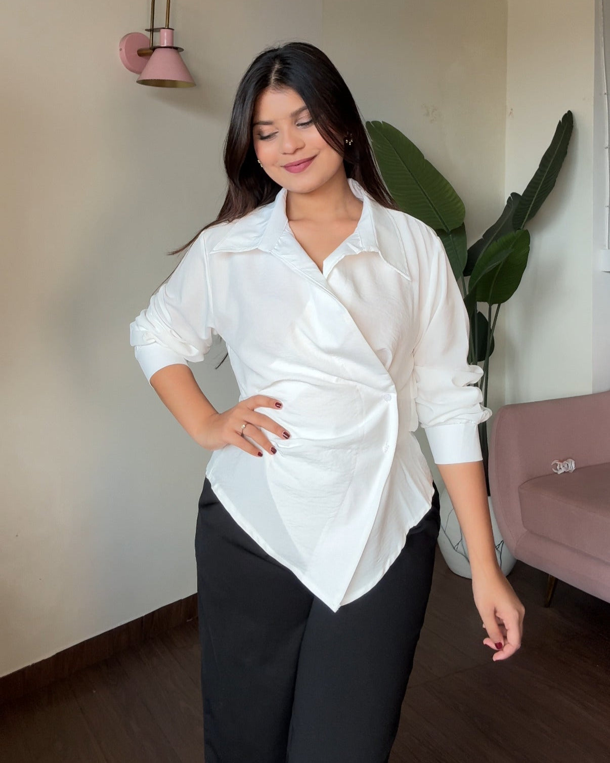 Solid Button Up Wrap Up Shirt