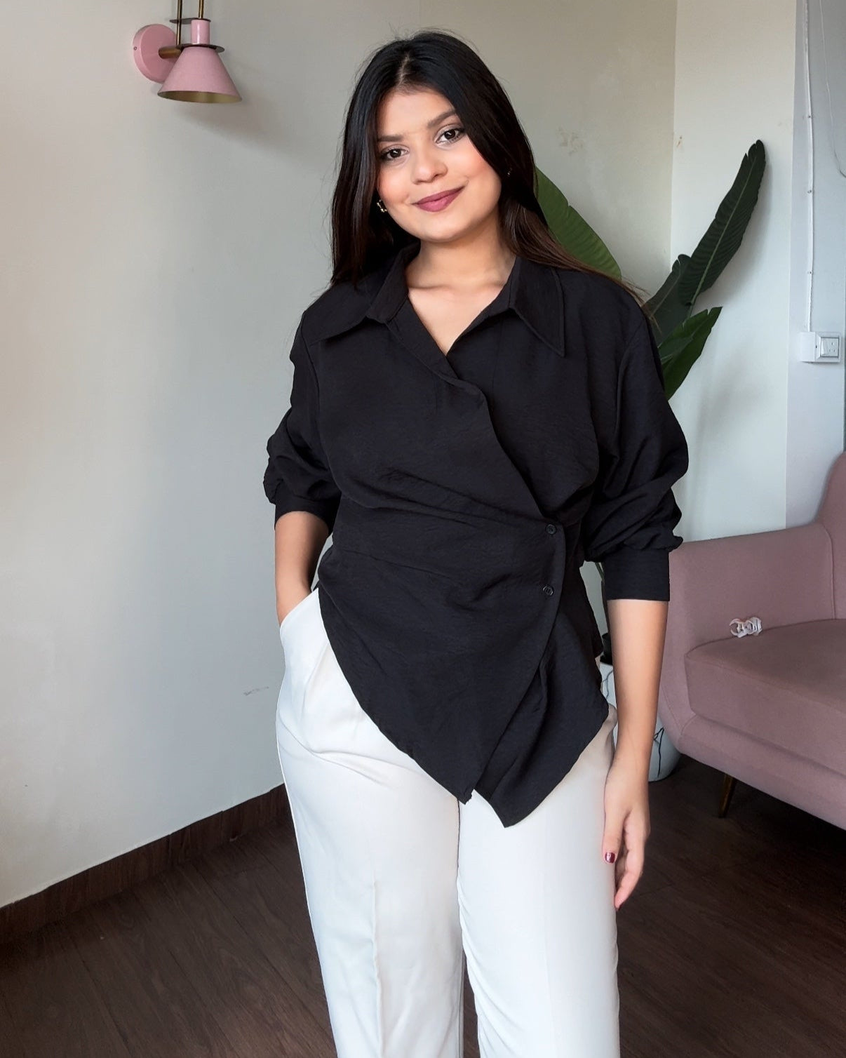 Solid Button Up Wrap Up Shirt