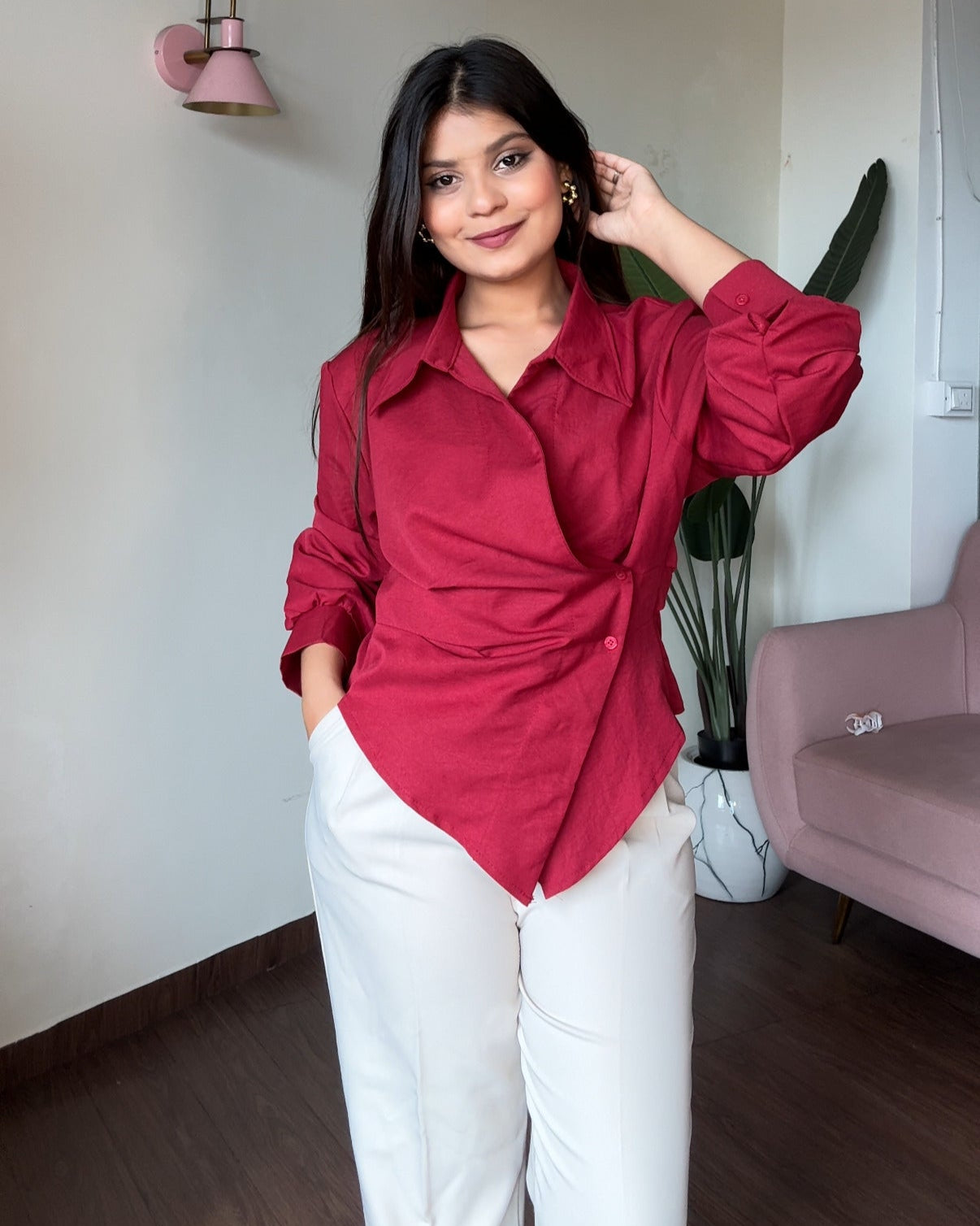 Solid Button Up Wrap Up Shirt