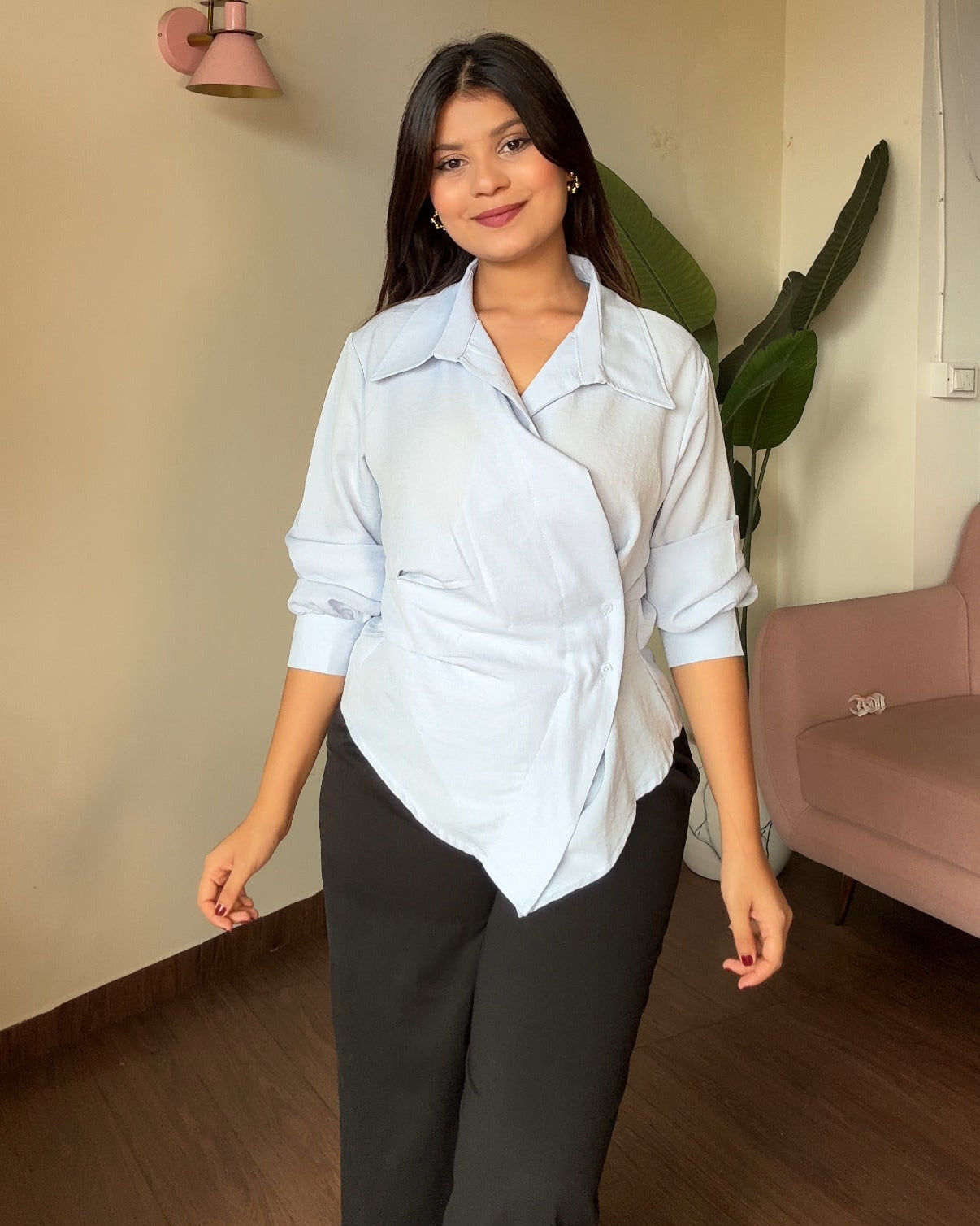 Solid Button Up Wrap Up Shirt