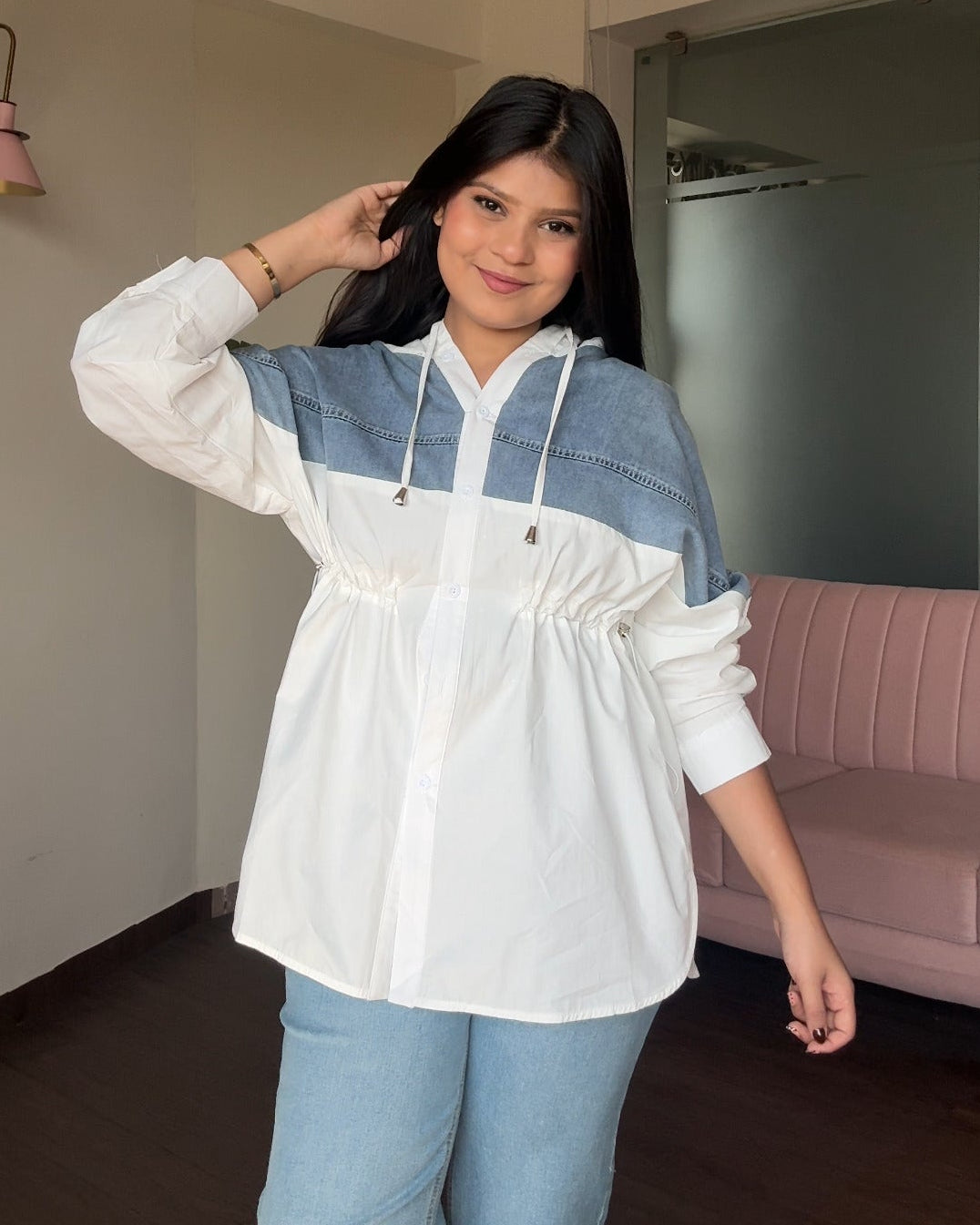 Solid Denim Hooded Shirt