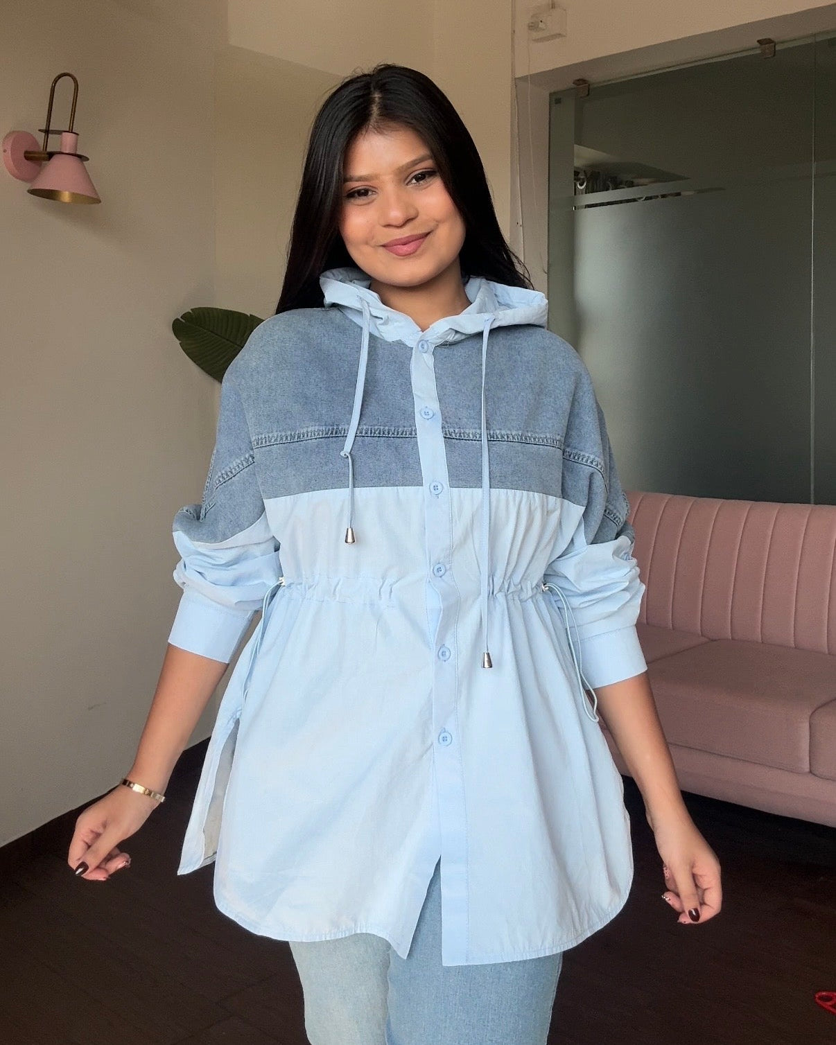 Solid Denim Hooded Shirt