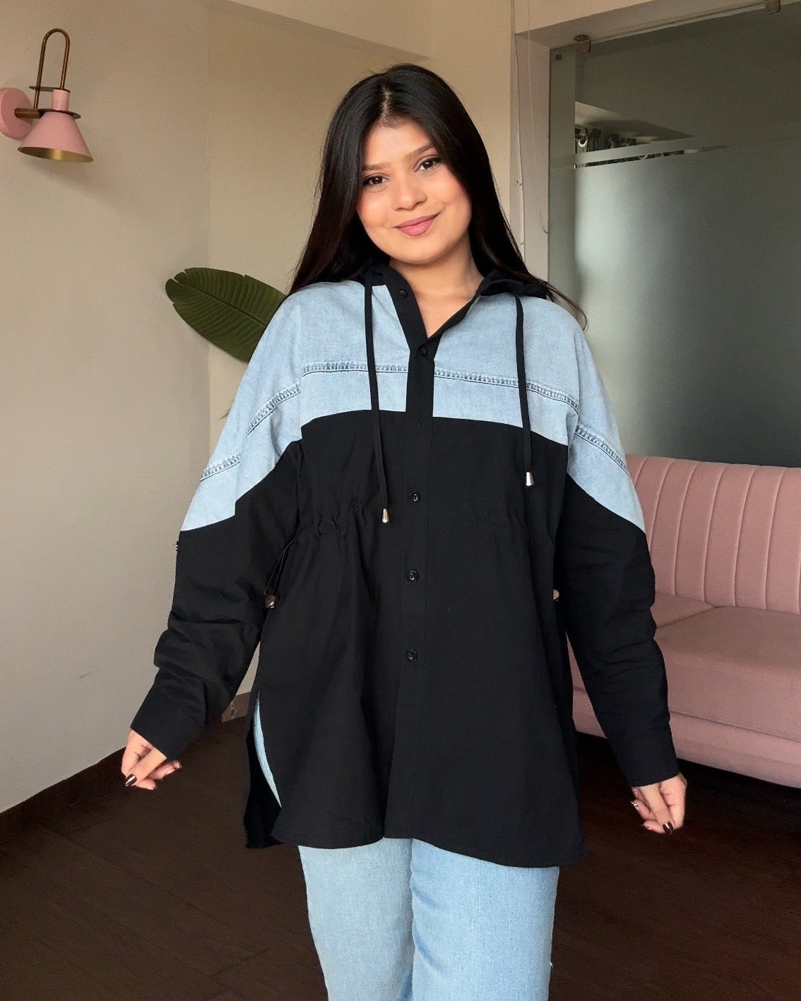 Solid Denim Hooded Shirt