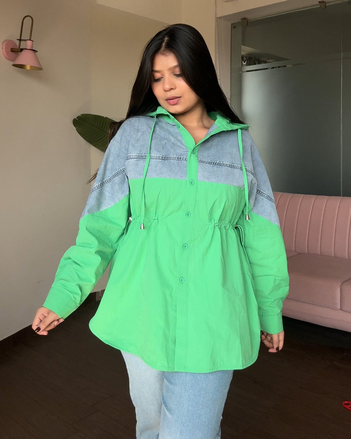Solid Denim Hooded Shirt