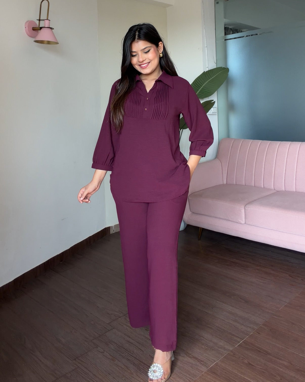 Solid Relaxed Fit Work Wear Summer Co-Ord Set
