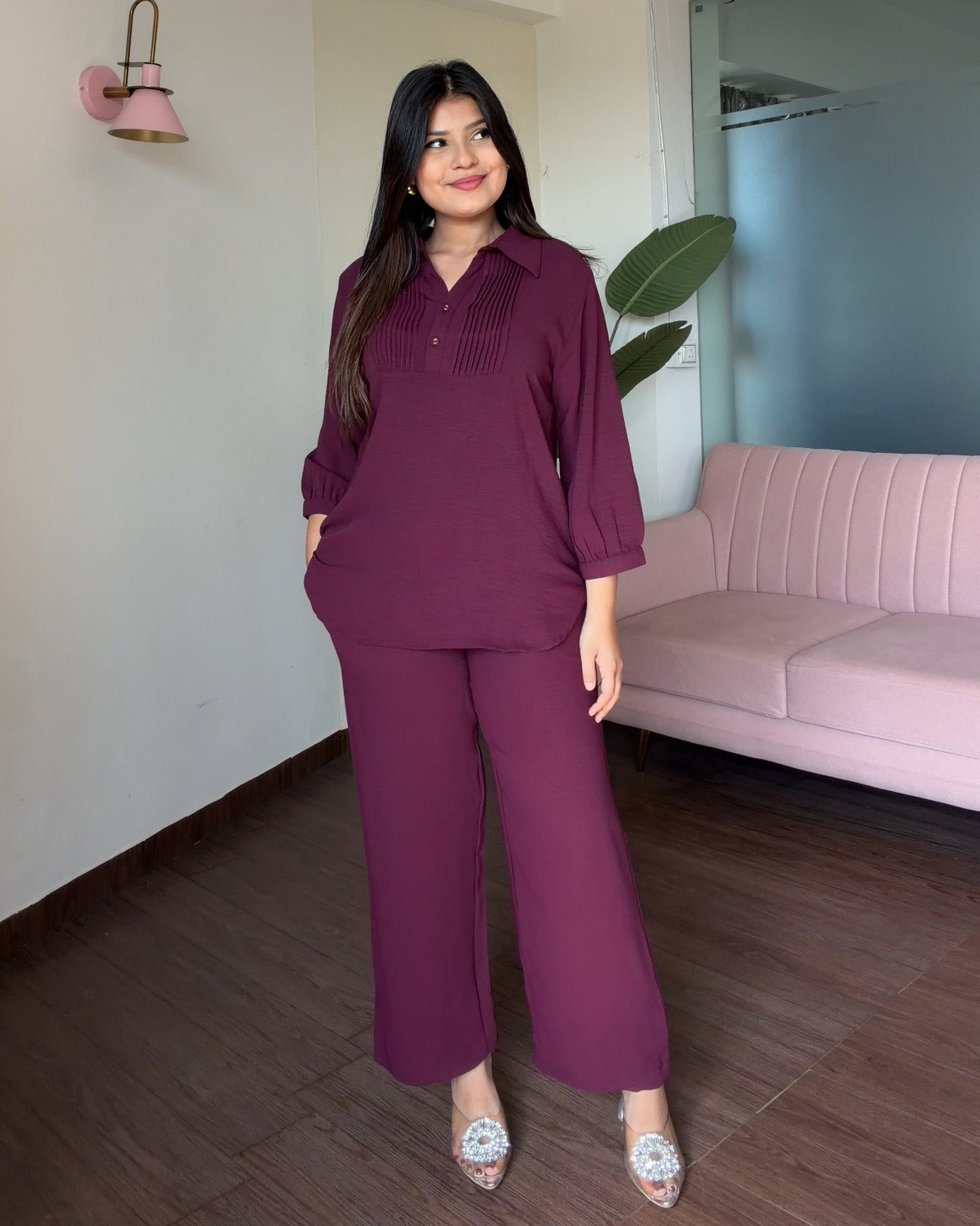 Solid Relaxed Fit Work Wear Summer Co-Ord Set