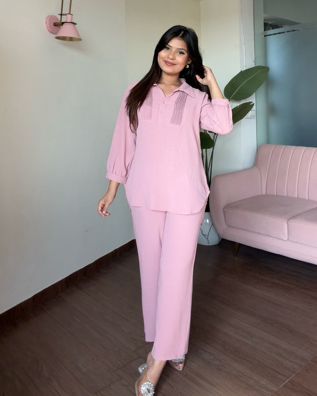Solid Relaxed Fit Work Wear Summer Co-Ord Set
