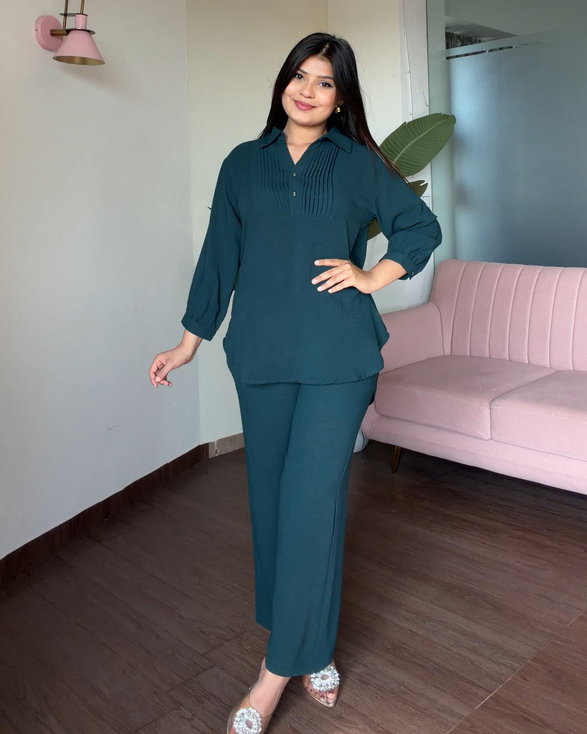 Solid Relaxed Fit Work Wear Summer Co-Ord Set