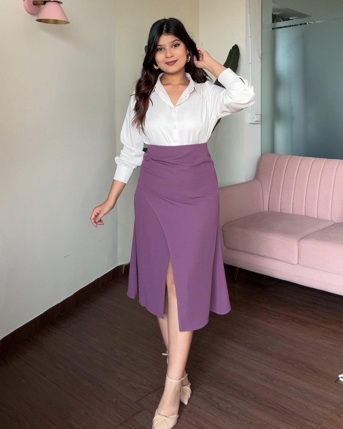 Solid Ruched Midi Skirt