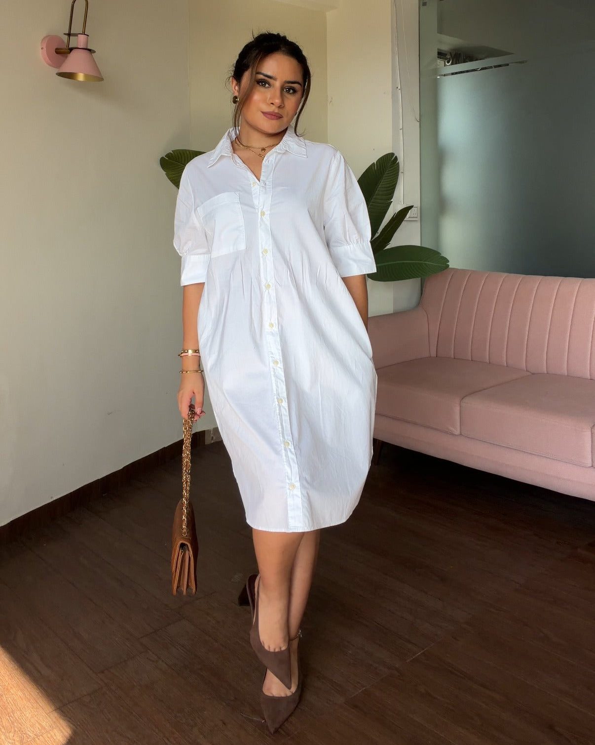 Solid White Puff Sleeve Shirt Dress