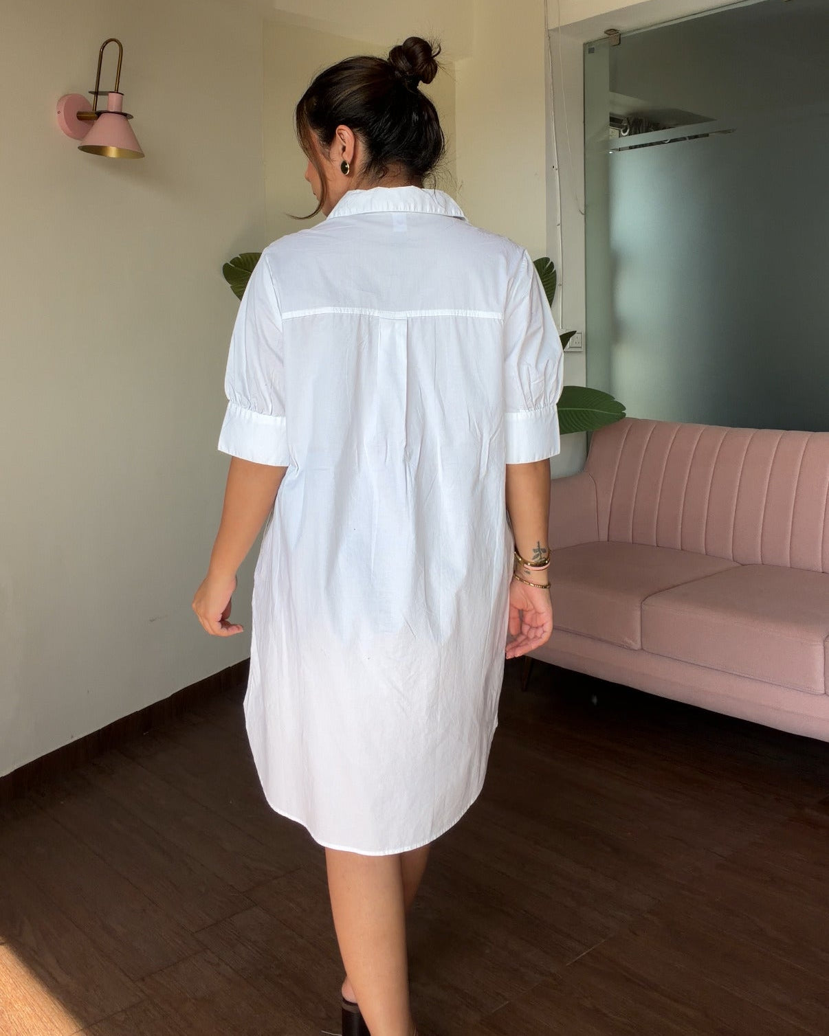 Solid White Puff Sleeve Shirt Dress