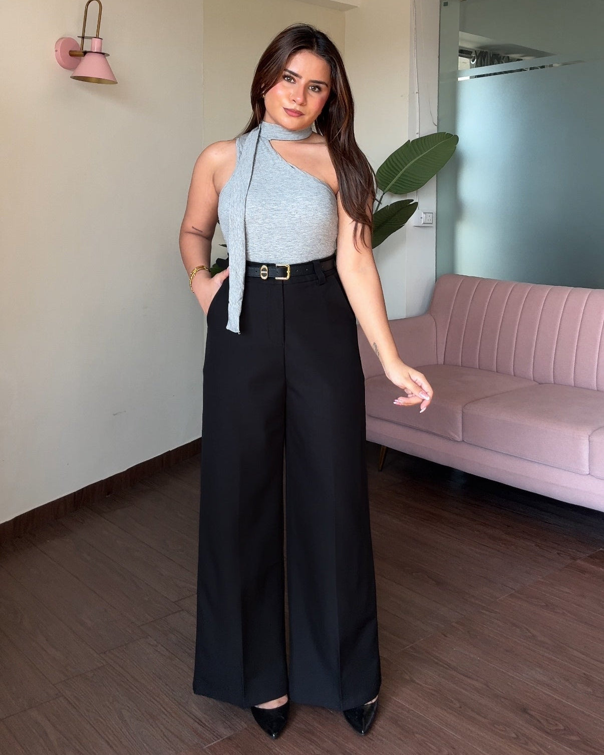 Solid Wide Legged Trouser With Belt
