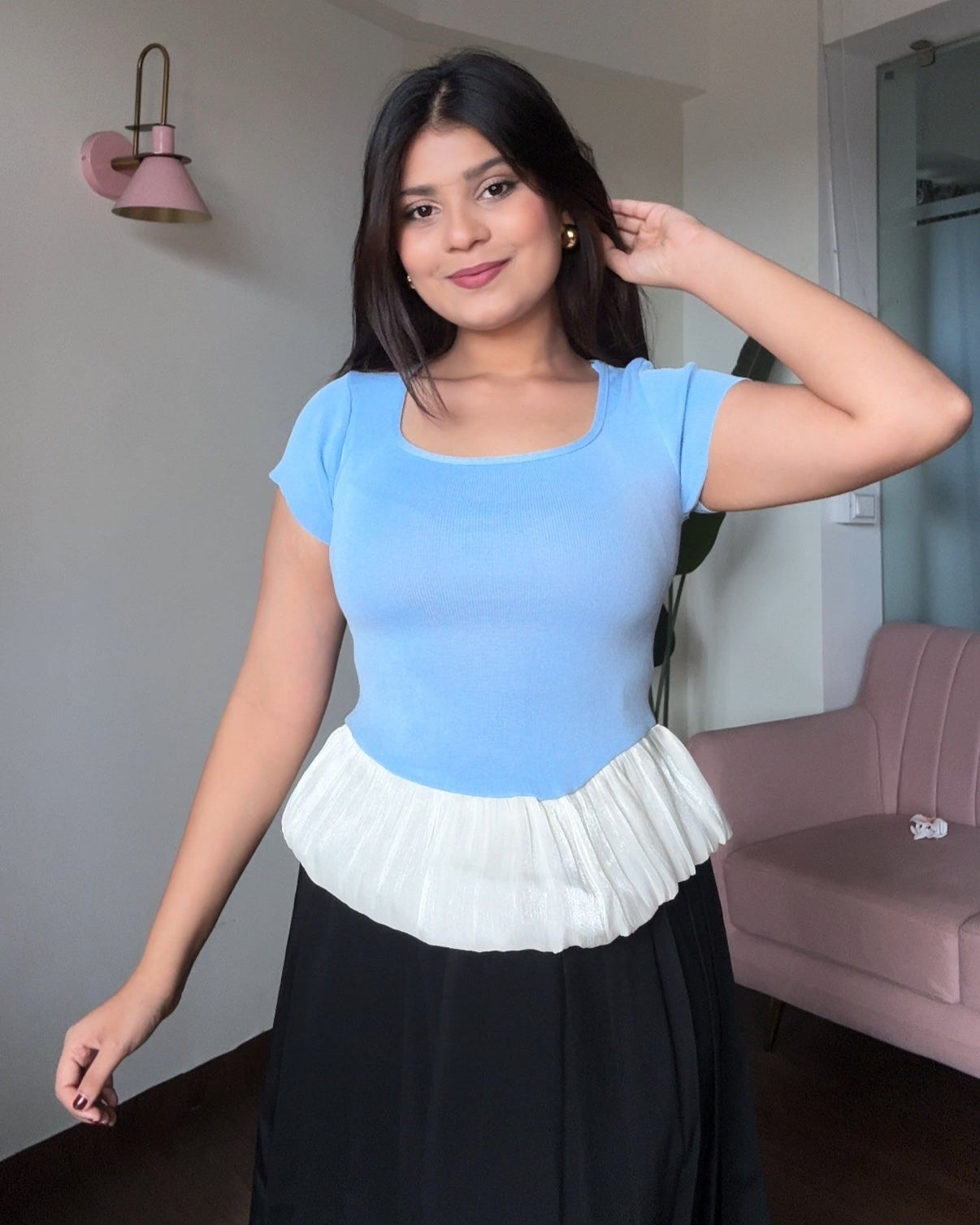 Square Neck Balloon Peplum Bodycon Top