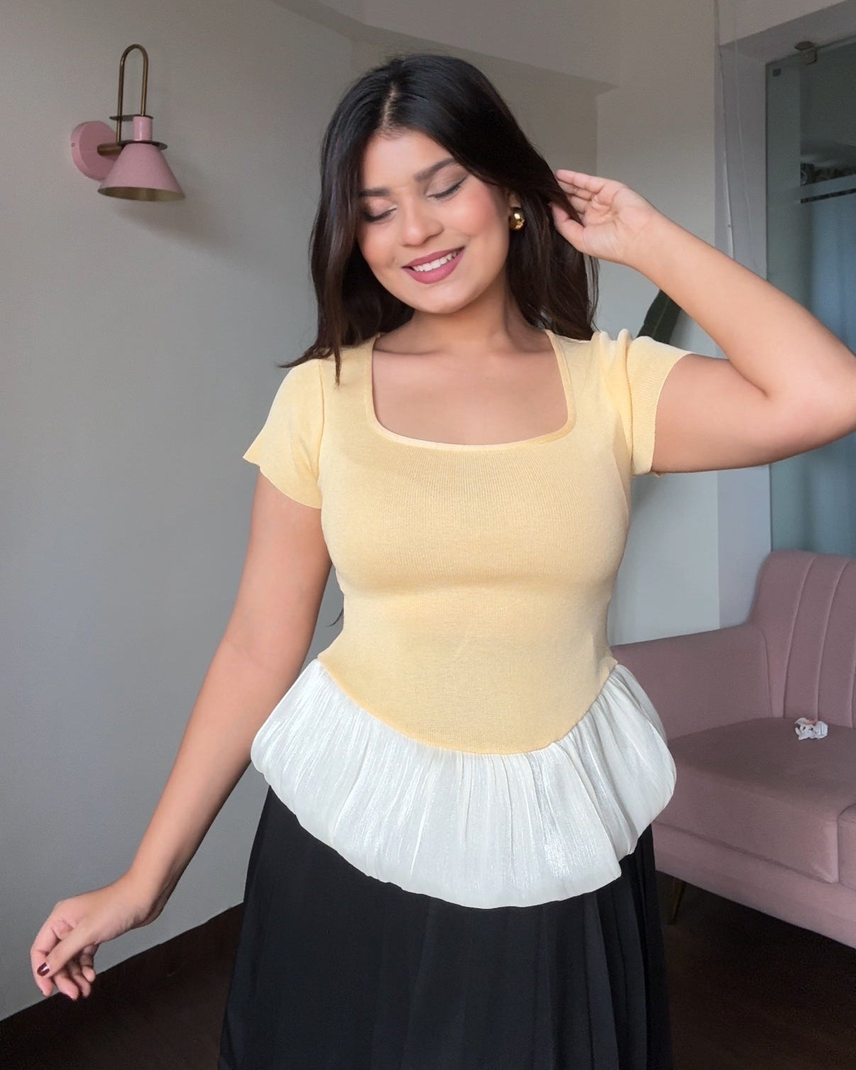 Square Neck Balloon Peplum Bodycon Top