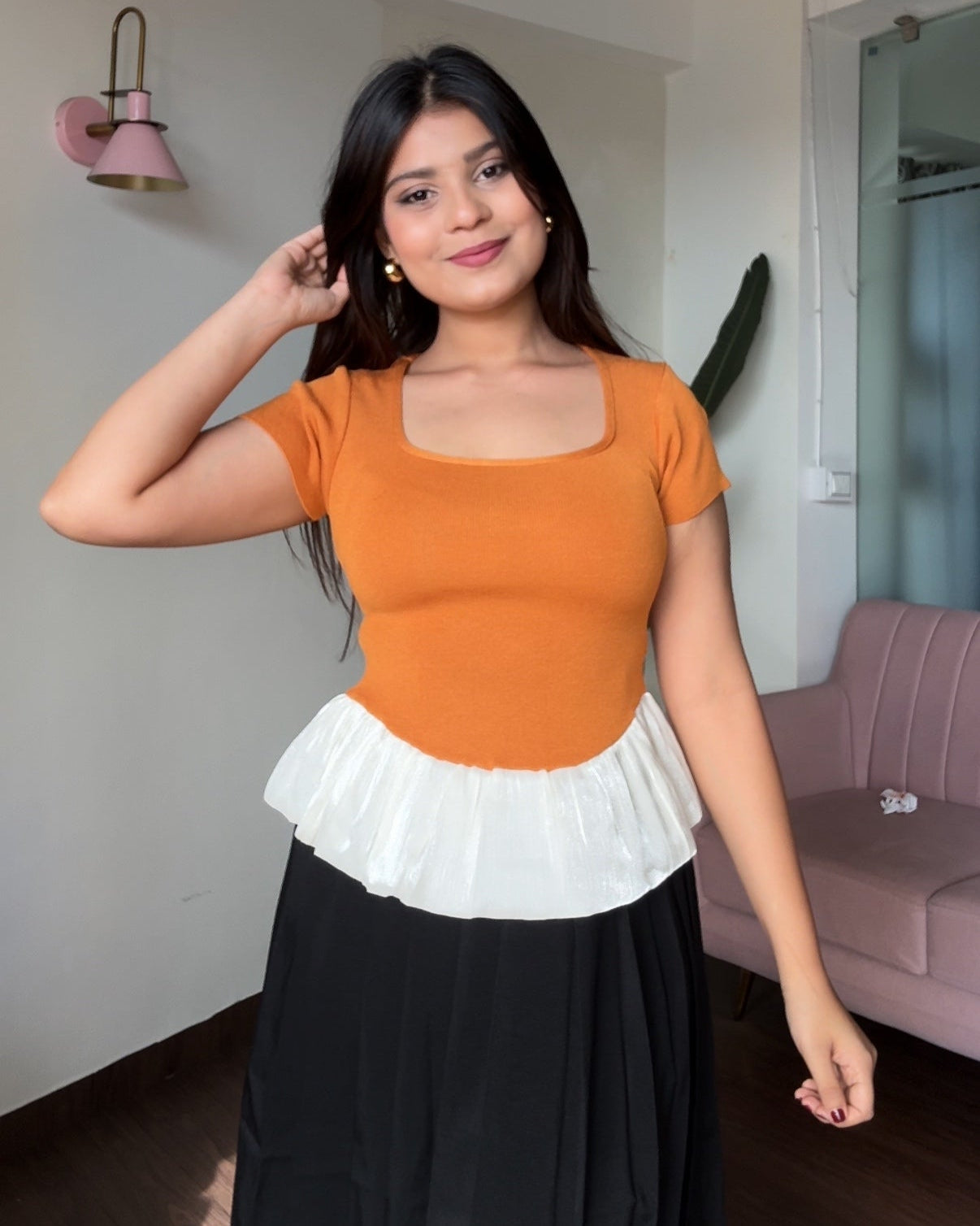 Square Neck Balloon Peplum Bodycon Top