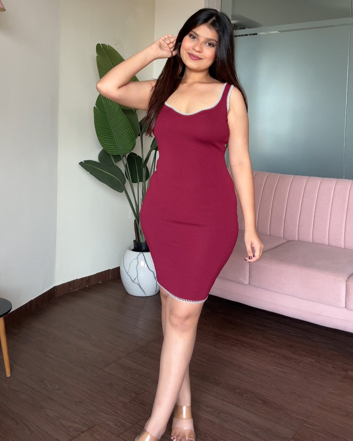 Square Neck Contrast Hem Bodycon Midi Dress
