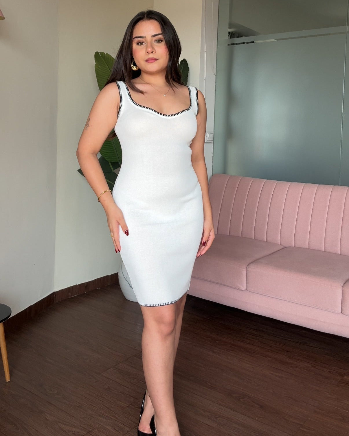 Square Neck Contrast Hem Bodycon Midi Dress