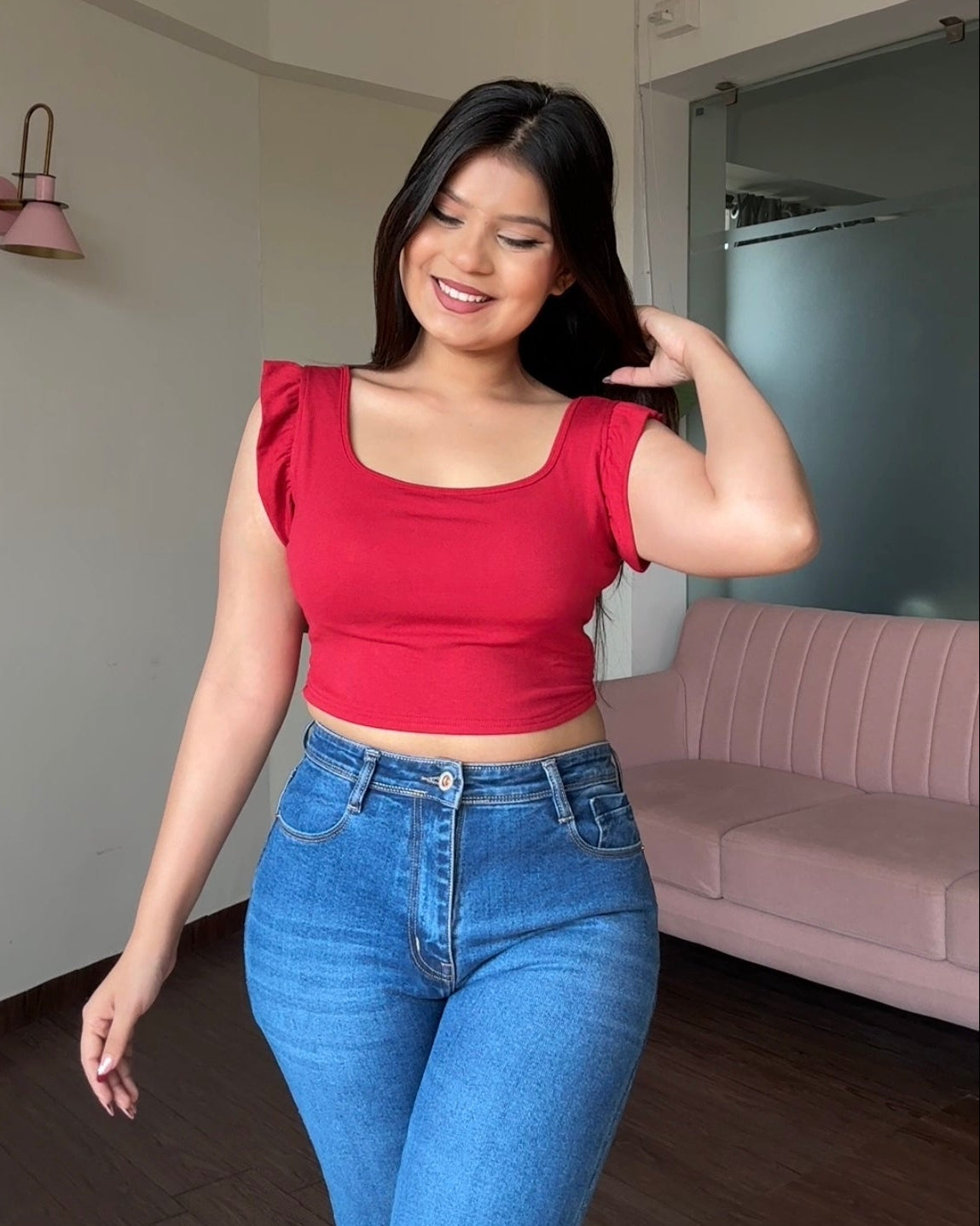 Square Neck Padded Ruffle Sleeve Crop Top