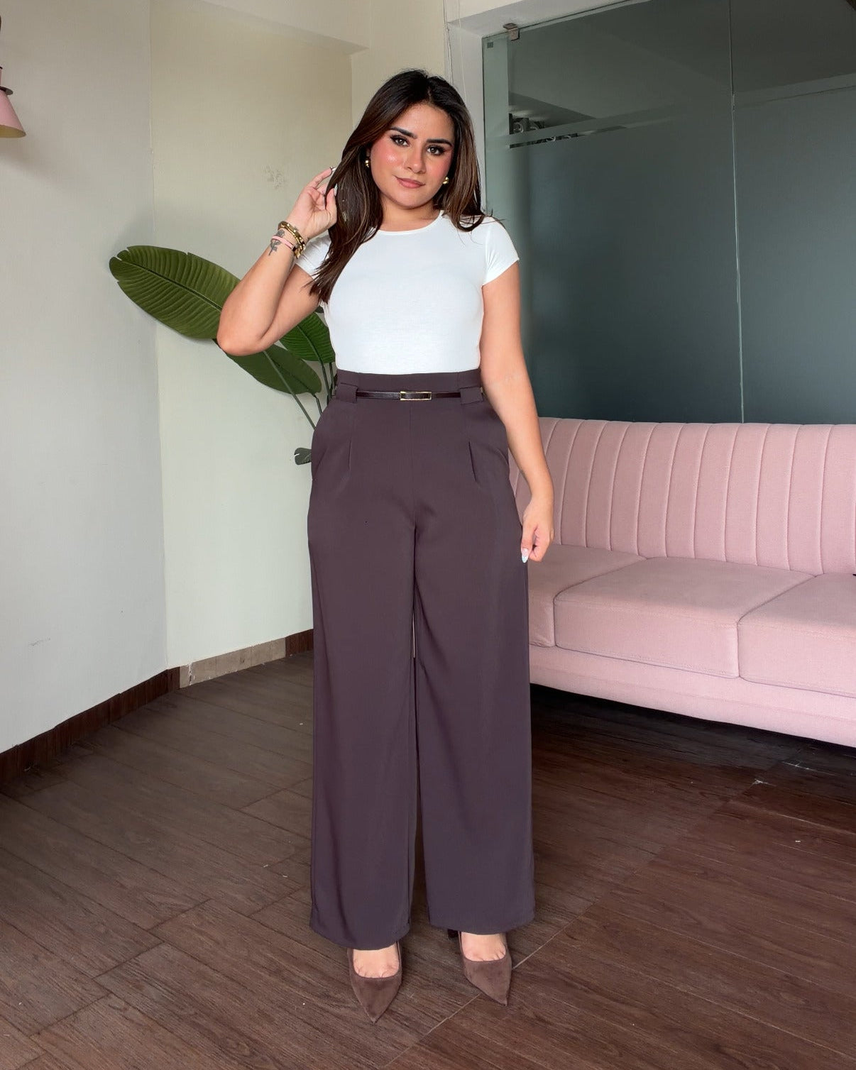 Straight Fit Wide Leg Pants With Belt For Women