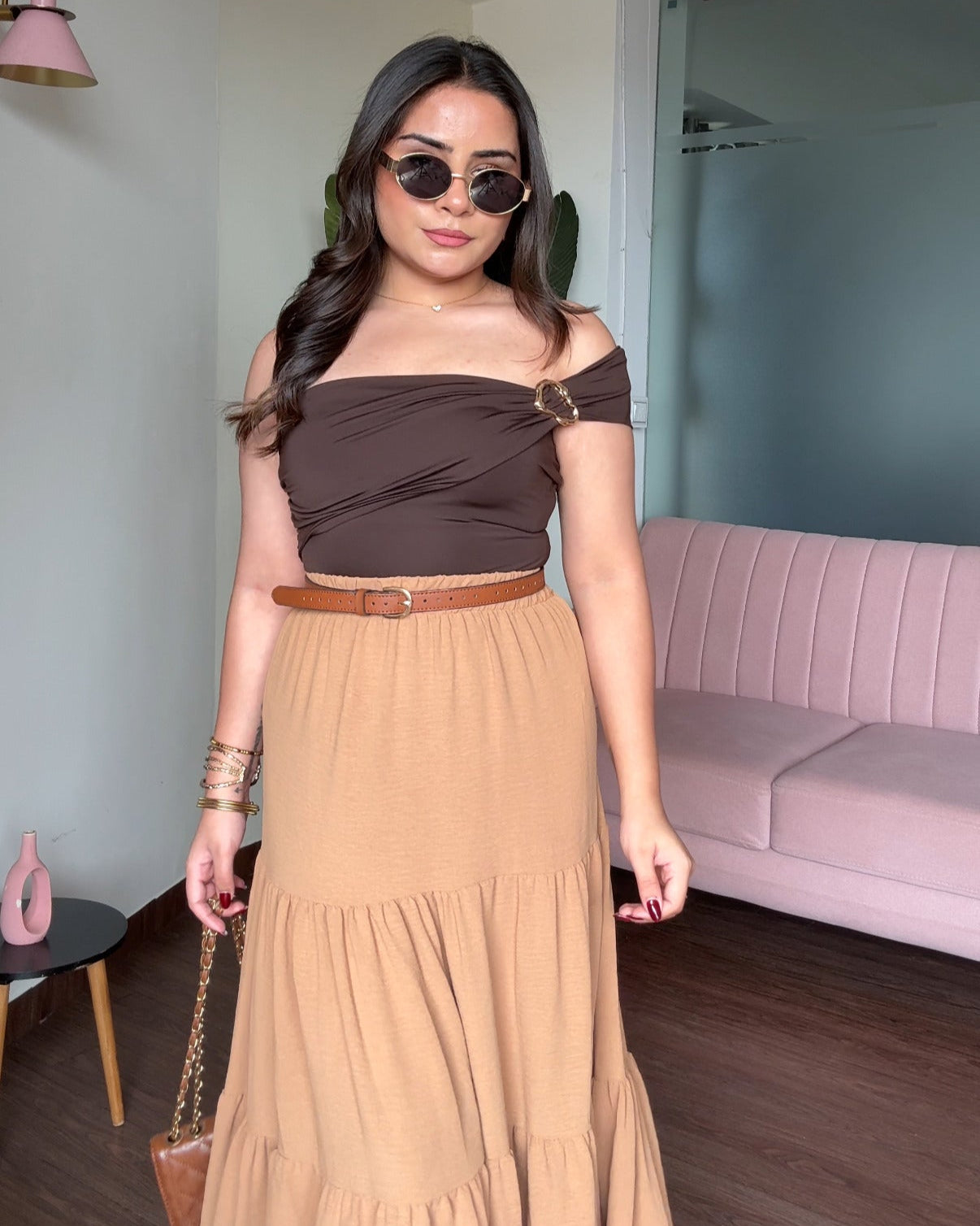 Strapless Bodycon Boho Bodysuit With Golden Buckle