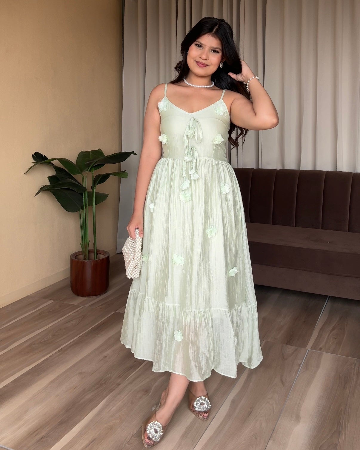 Strappy Flower Detailing Smocked Midi Dress