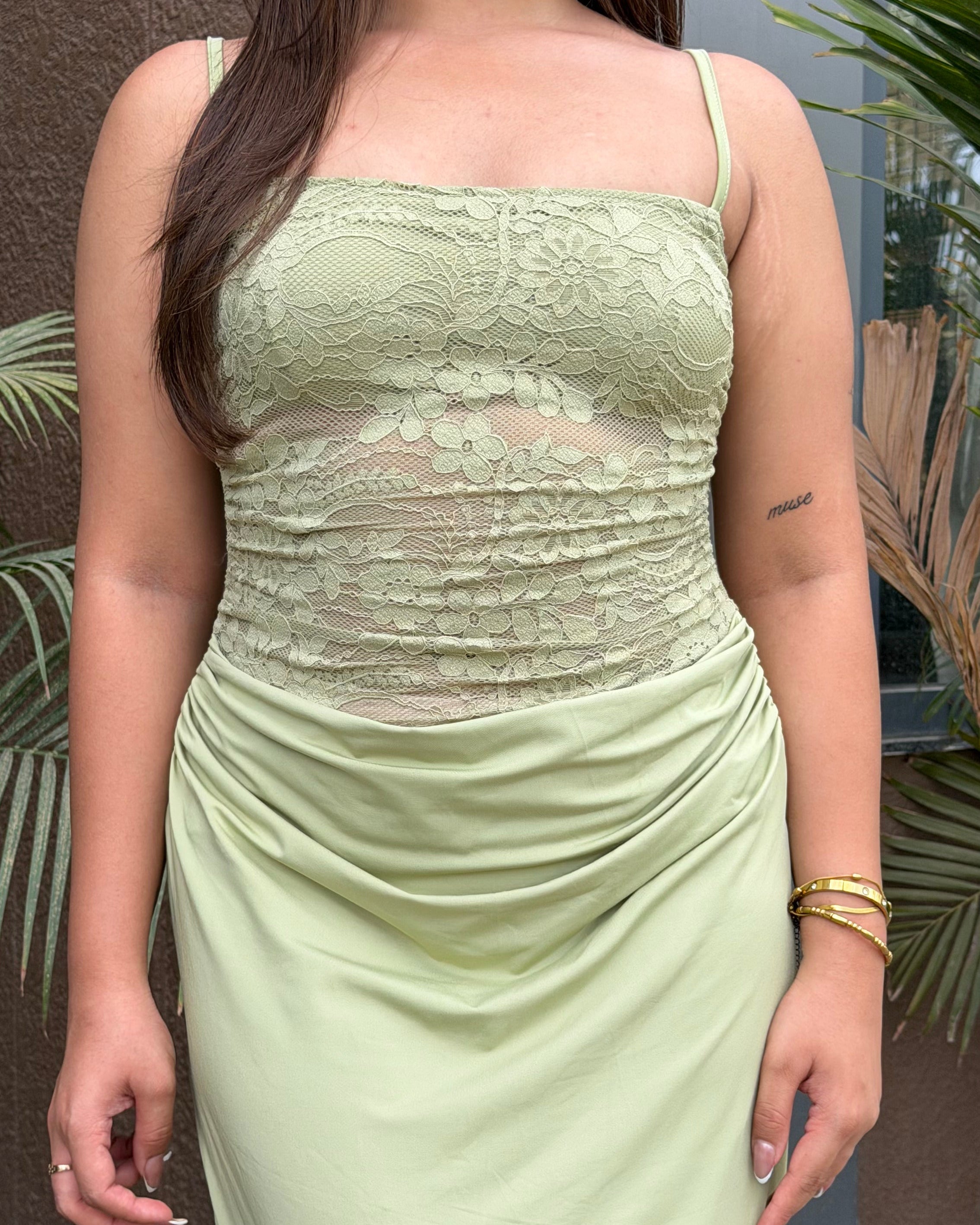 Strappy Pastel Green Lacy Draped Midi Dress