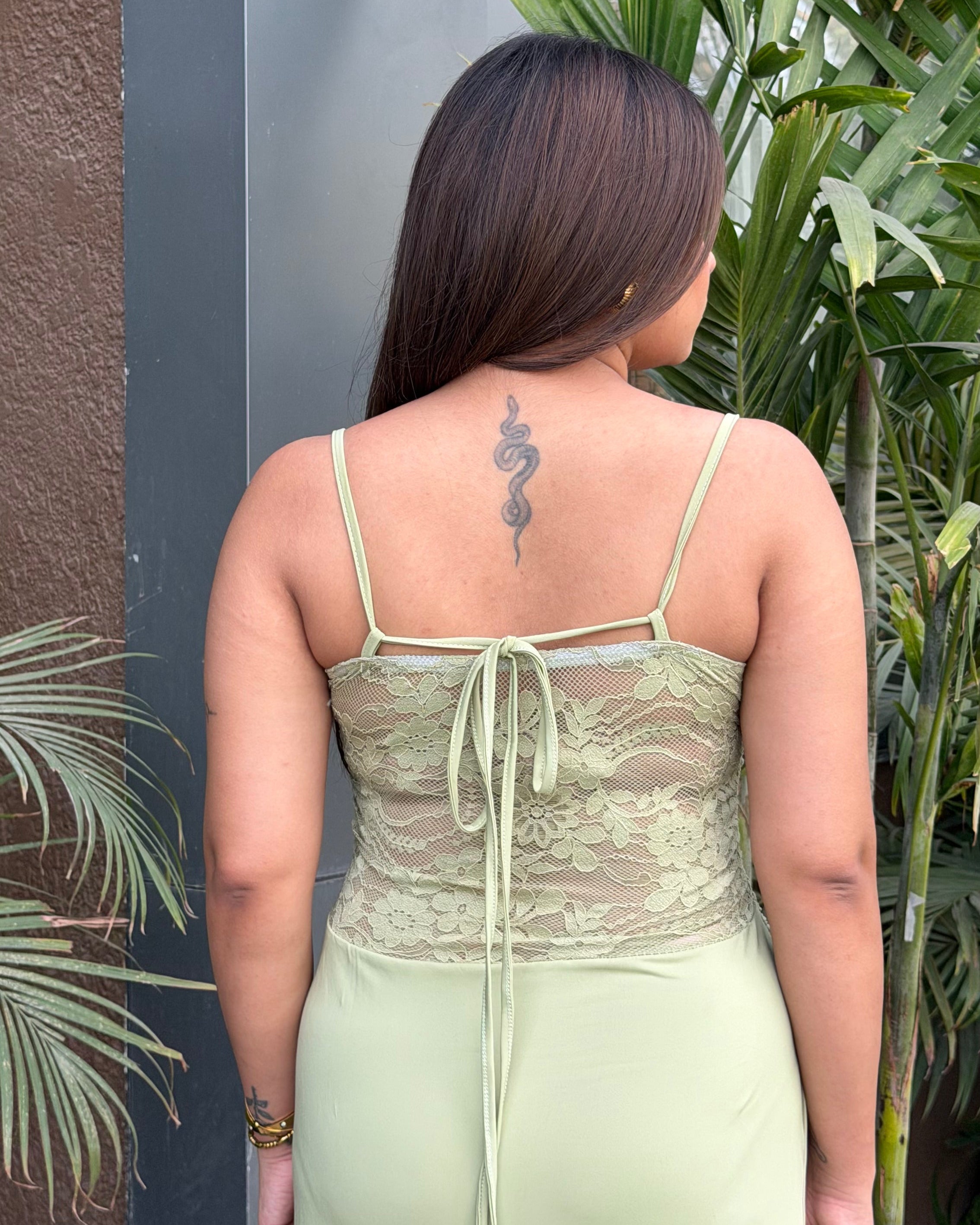Strappy Pastel Green Lacy Draped Midi Dress
