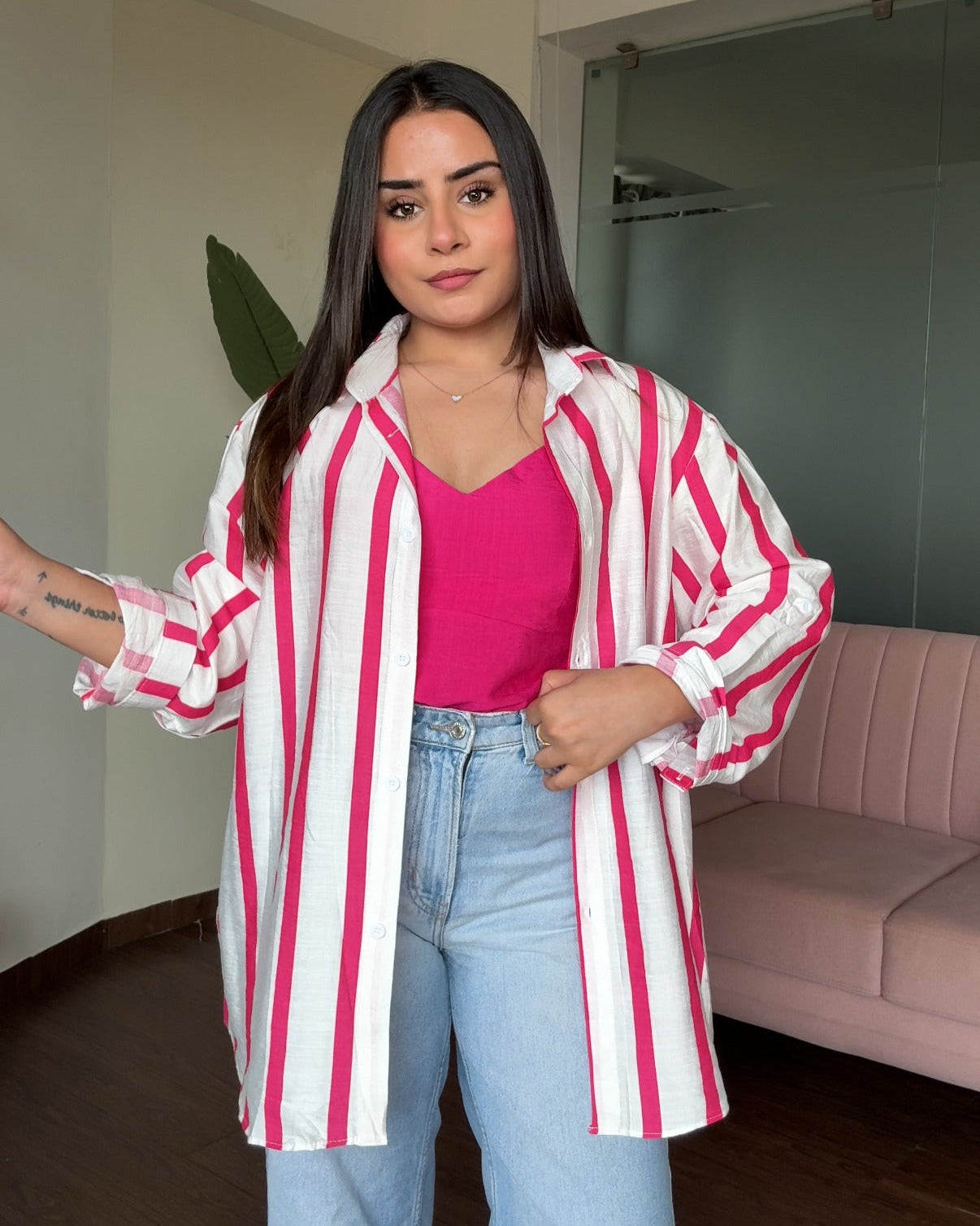 Striped Linen Oversized Shirt With Cami Top
