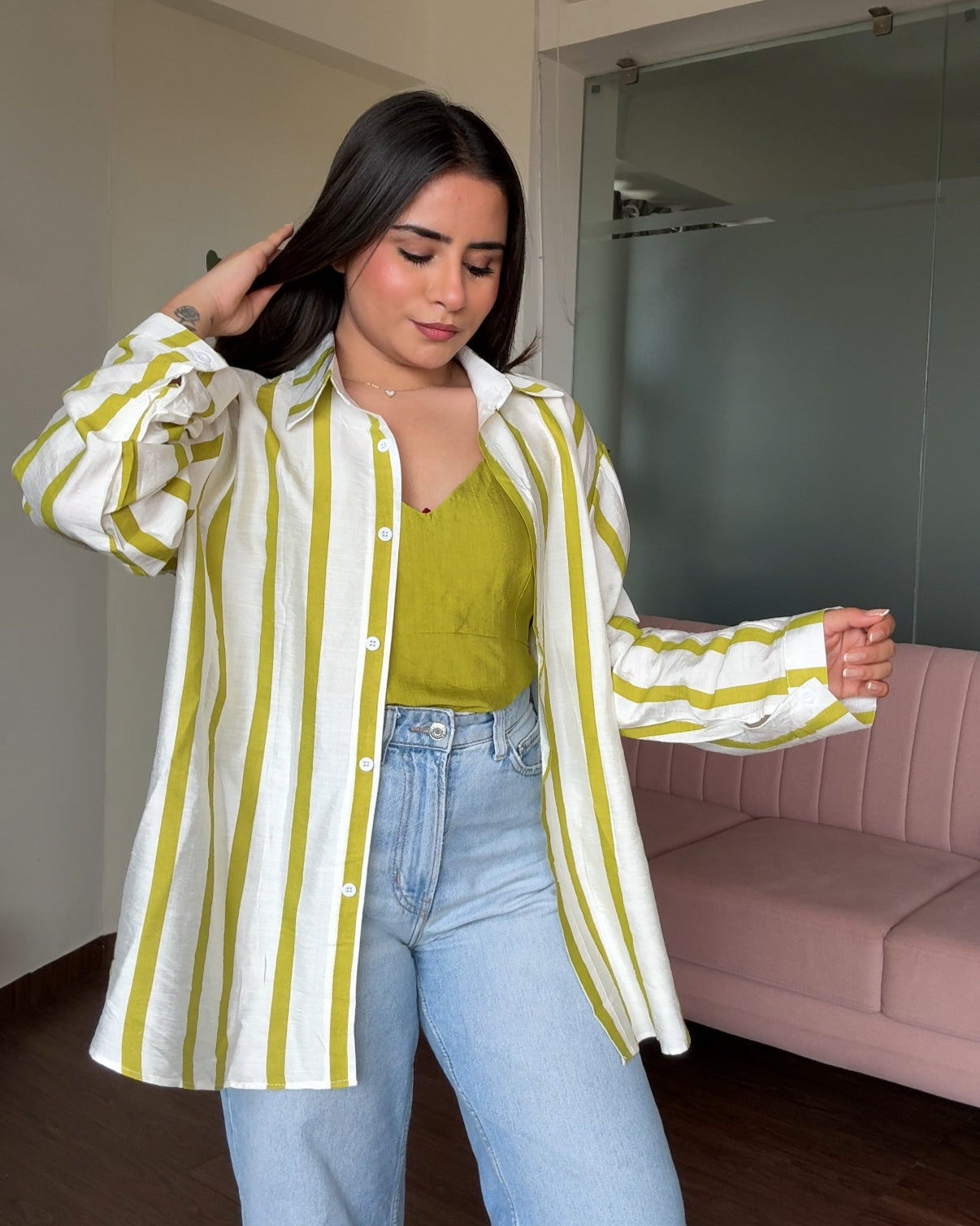 Striped Linen Oversized Shirt With Cami Top